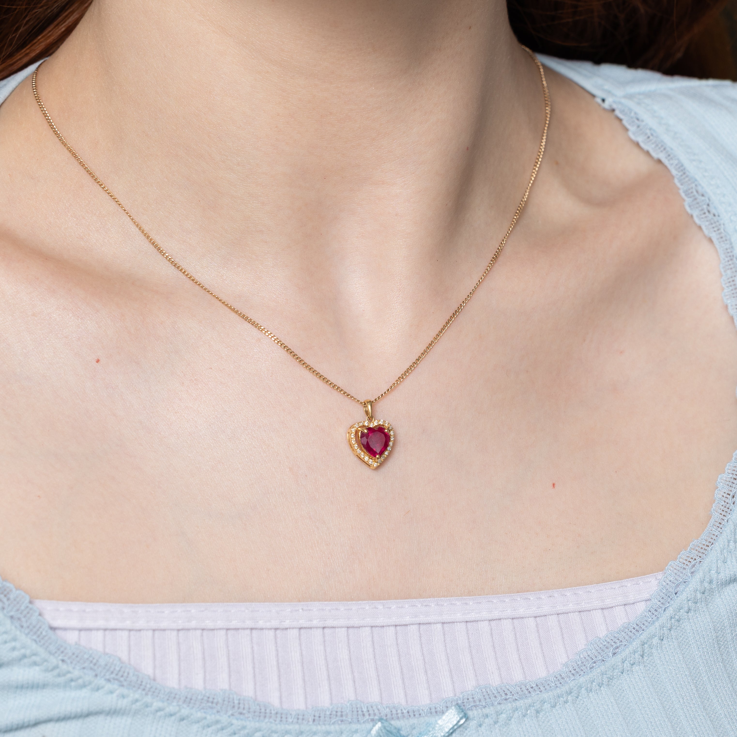 18k Heart Cut Ruby & Diamond Halo Pendant | 1.90ct, 0.12ctw