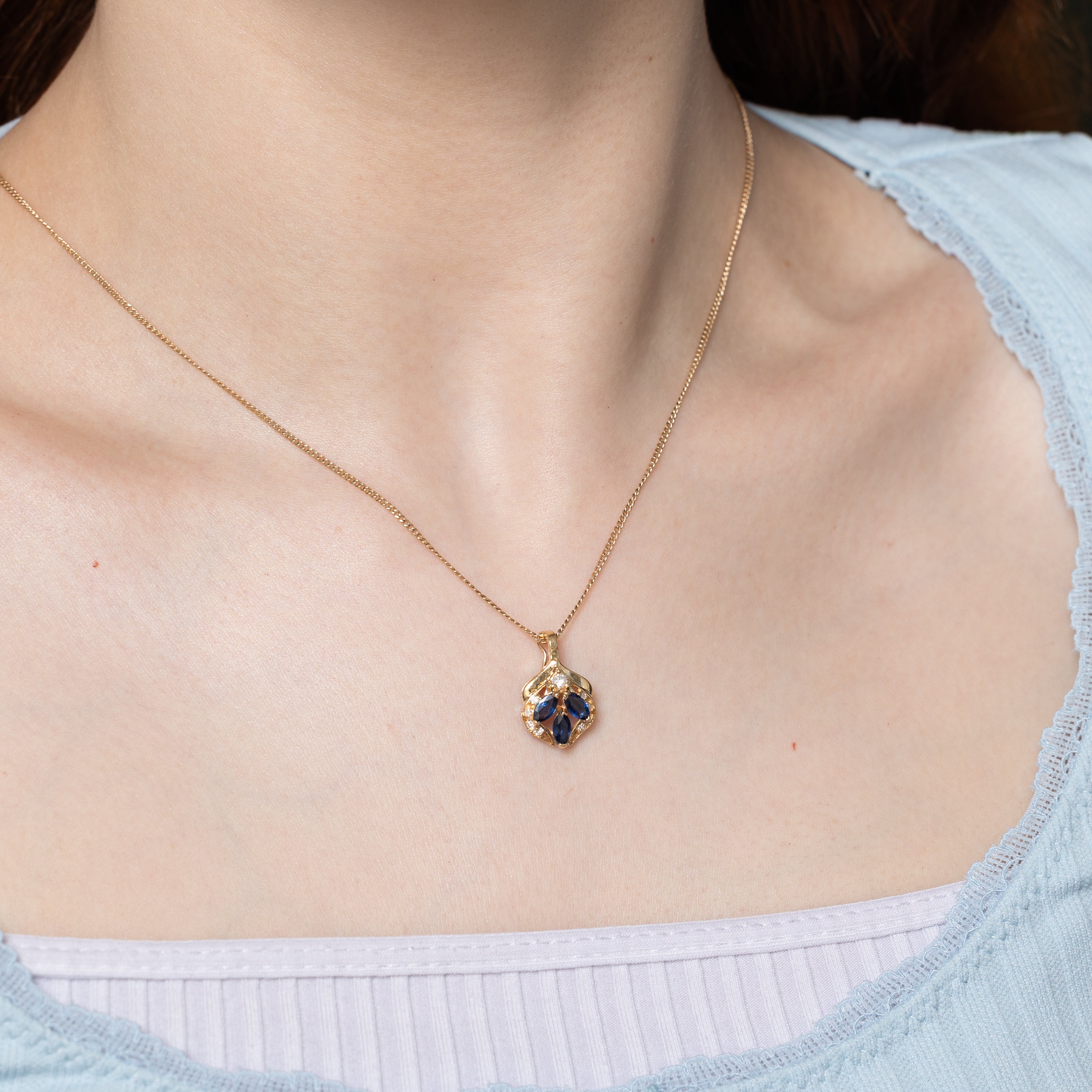Marquise Cut Sapphire & Diamond Openwork Pendant | 0.66ctw, 0.13ctw