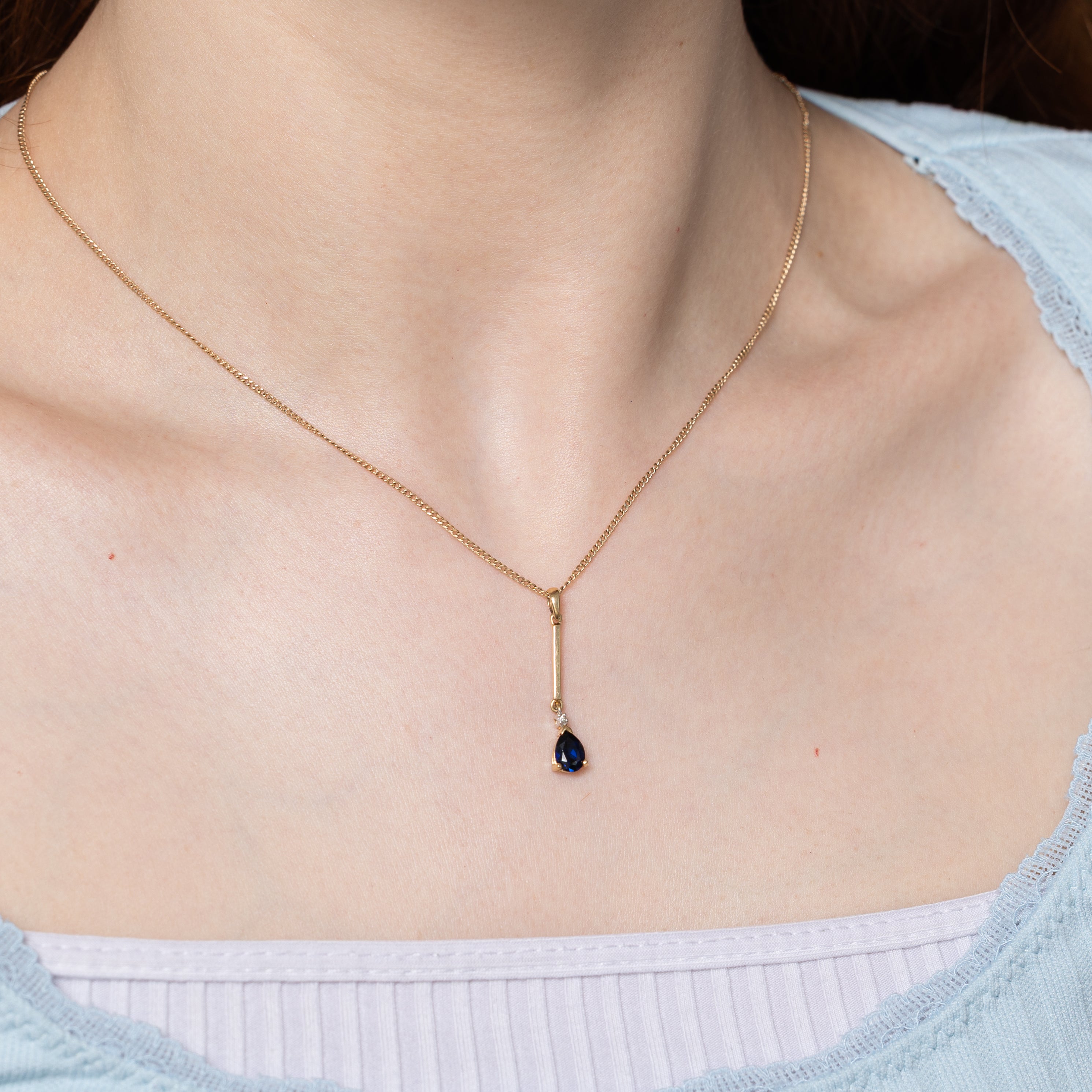 Pear Cut Synthetic Sapphire & Diamond Drop Pendant | 0.80ct, 0.005ct