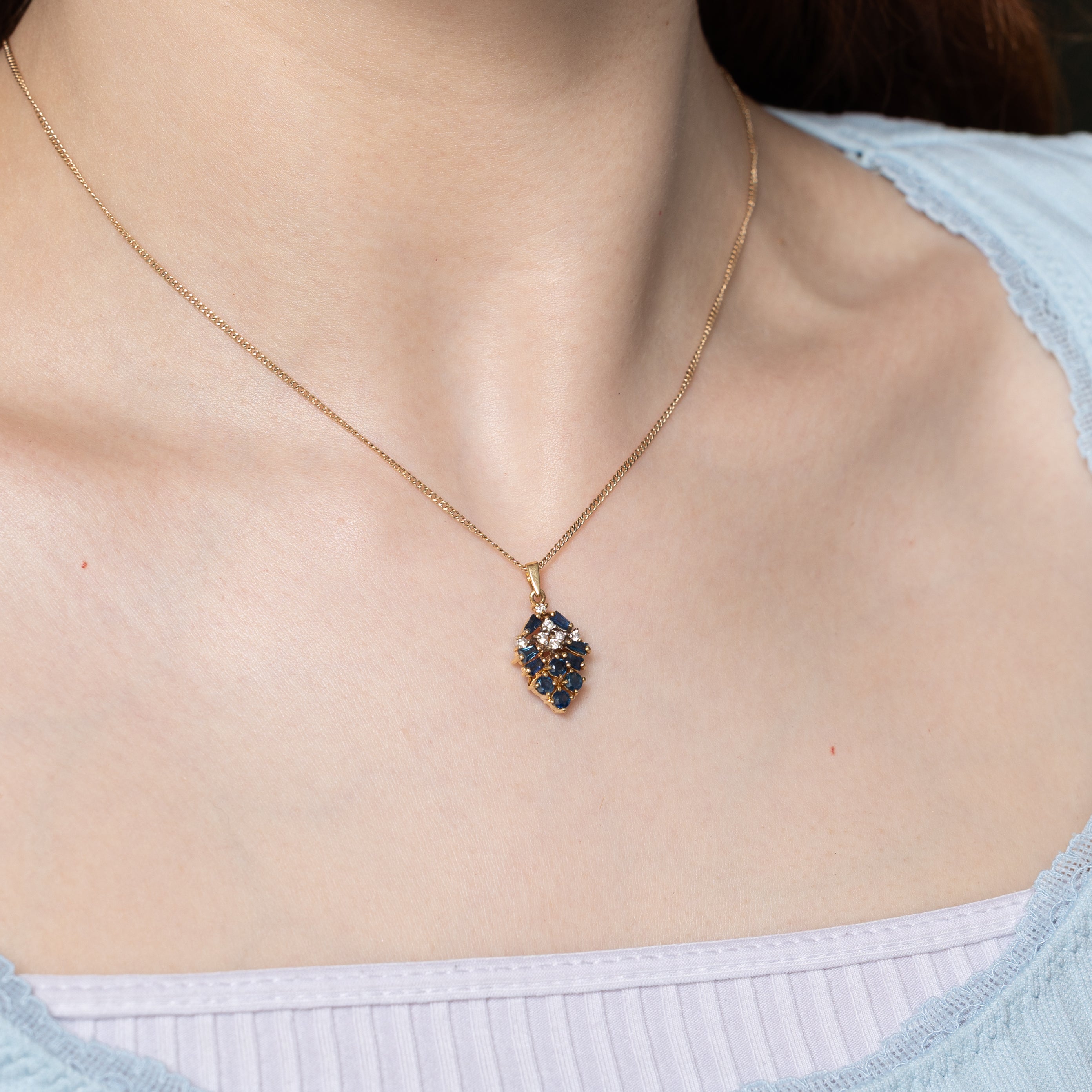 Baguette Cut Sapphire & Diamond Pear Cluster Pendant | 0.70ctw, 0.14ctw