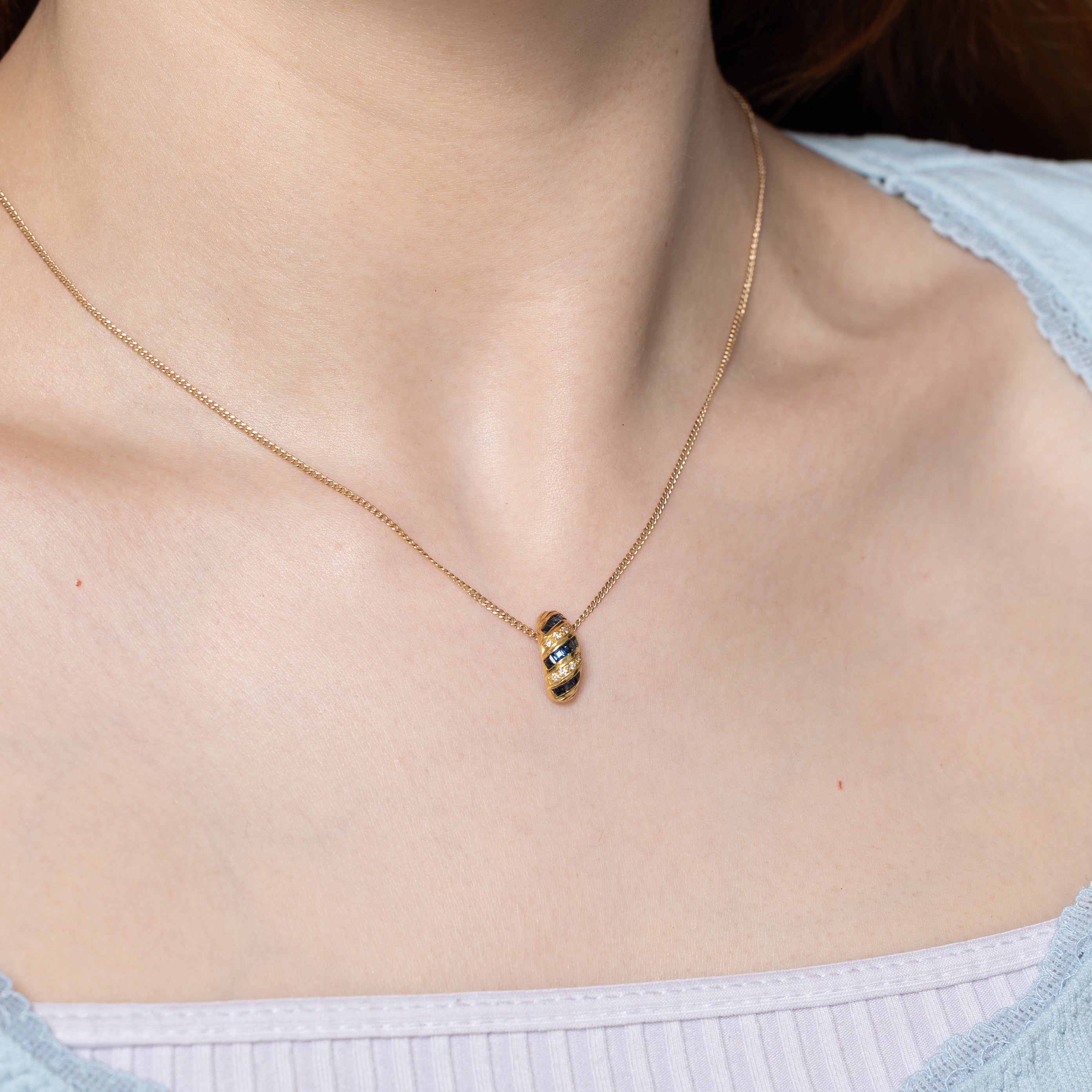 18k Channel Set Sapphire & Diamond Domed Pendant | 0.32ctw, 0.07ctw