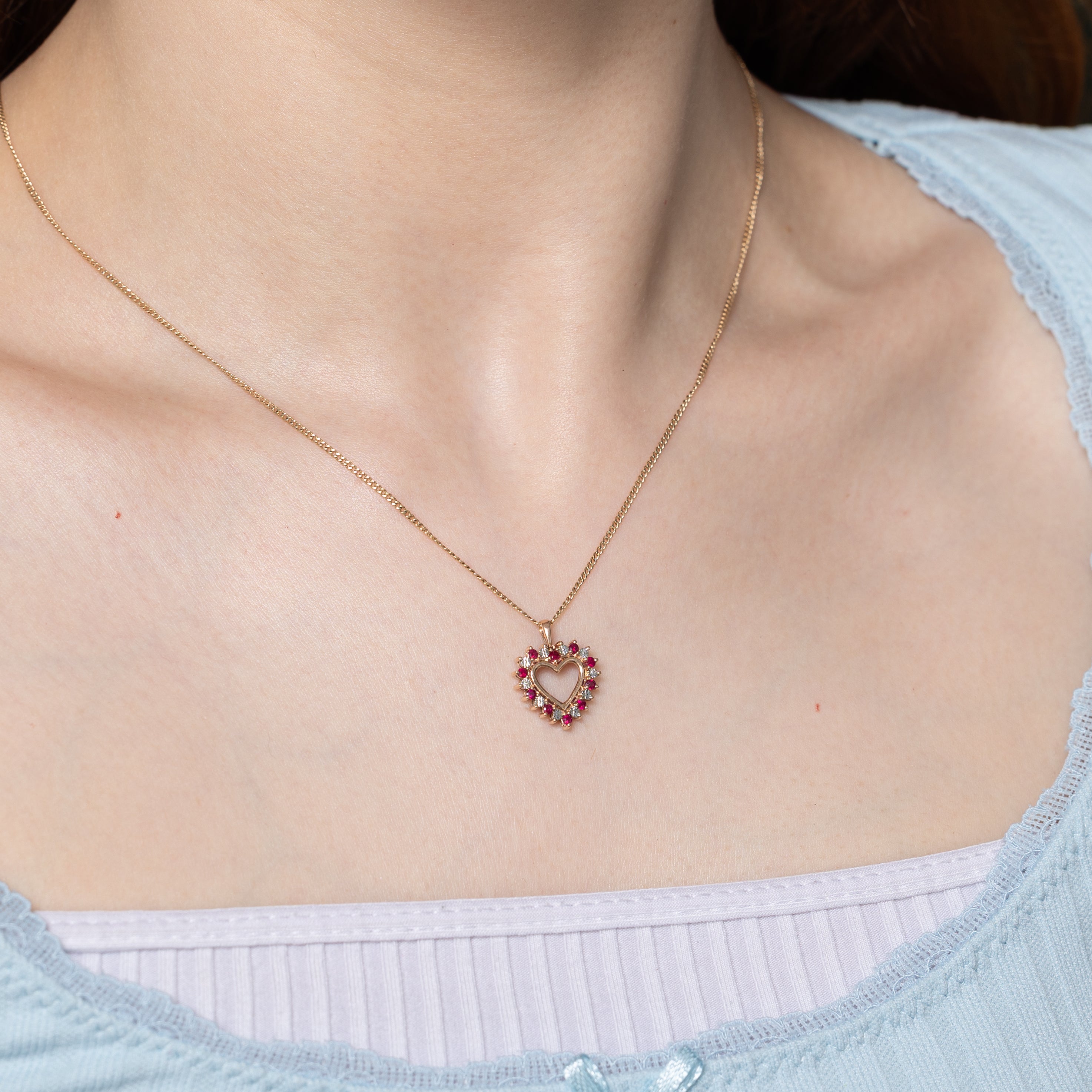 Rose Gold Ruby & Diamond Open Heart Pendant | 0.25ctw, 0.01ctw