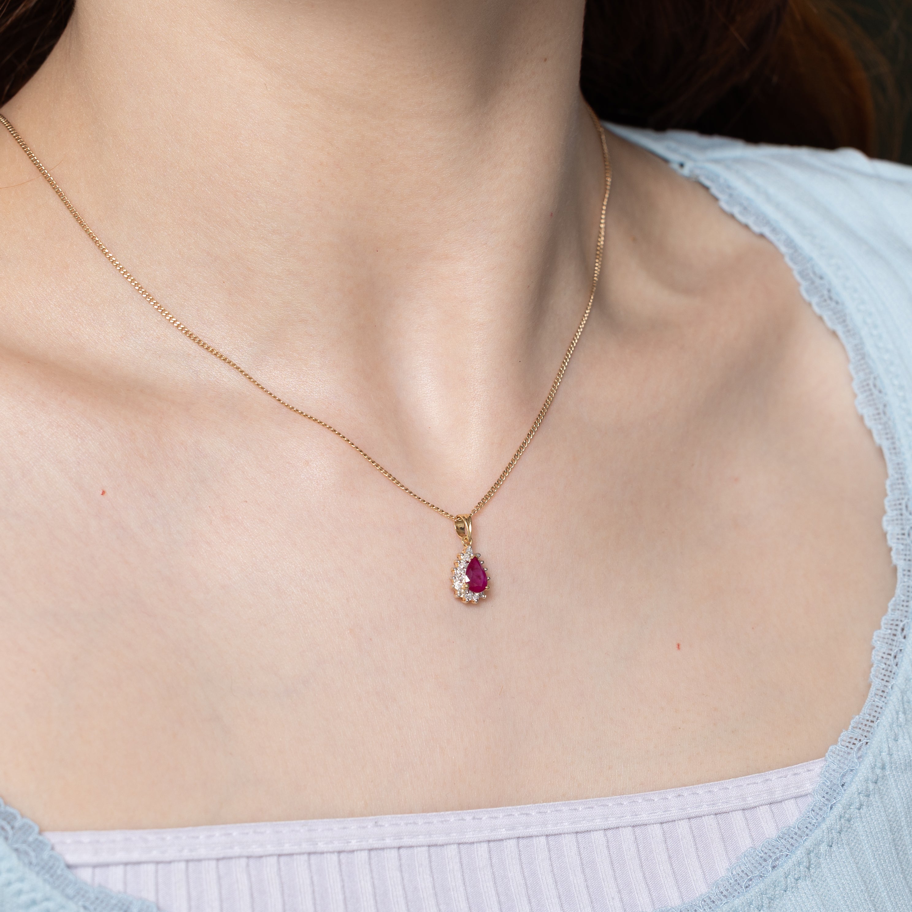 Pear Cut Ruby & Diamond Halo Pendant | 0.70ct, 0.15ctw