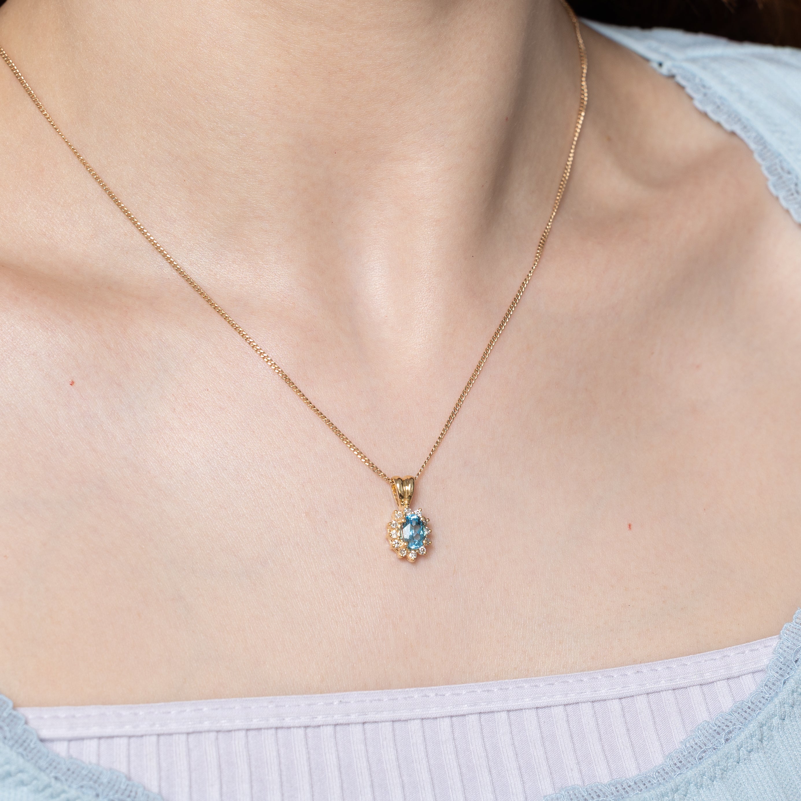 Blue Topaz & Diamond Halo Pendant | 0.90ct, 0.24ctw