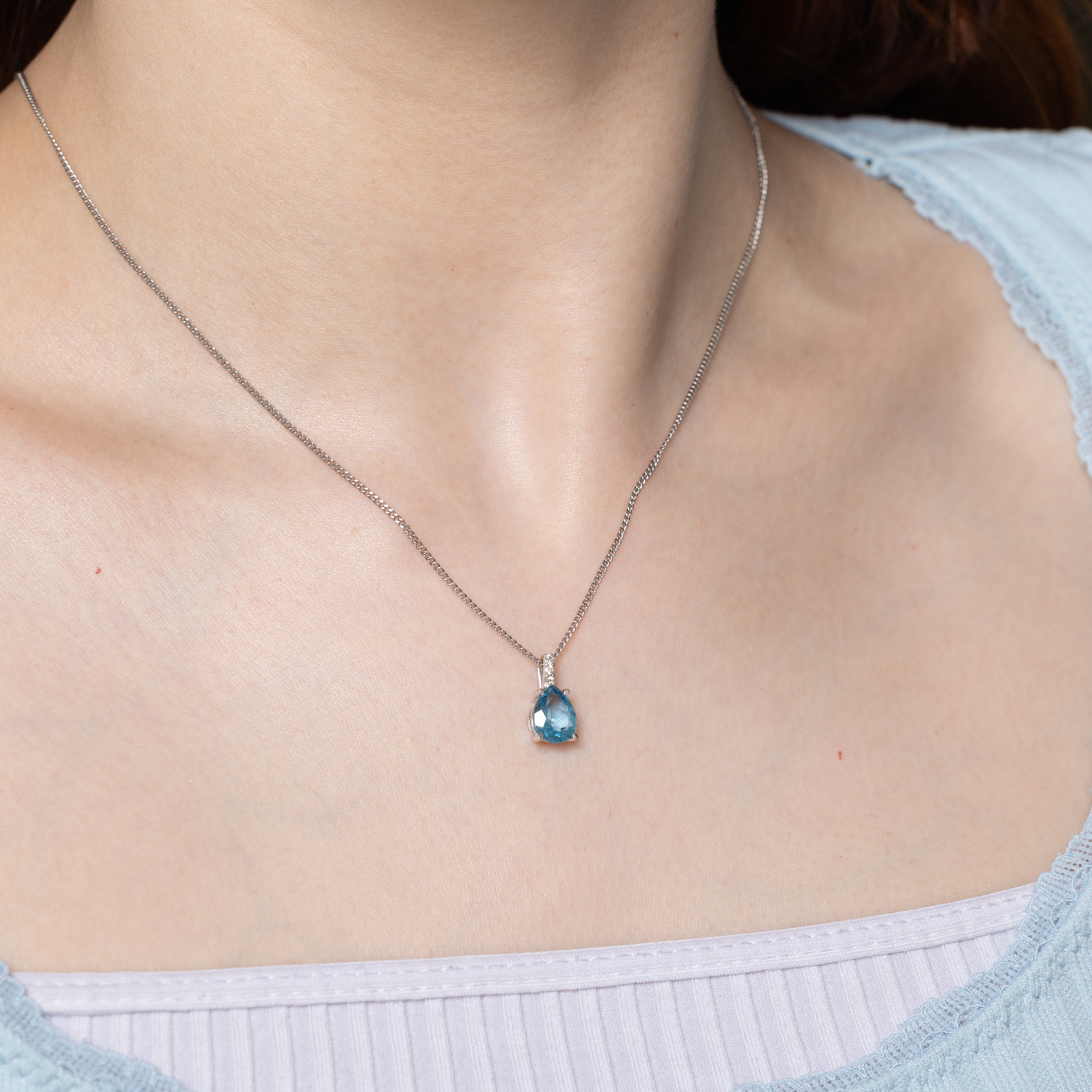 Pear Cut Blue Topaz & Diamond Pendant | 1.70ct, 0.06ctw