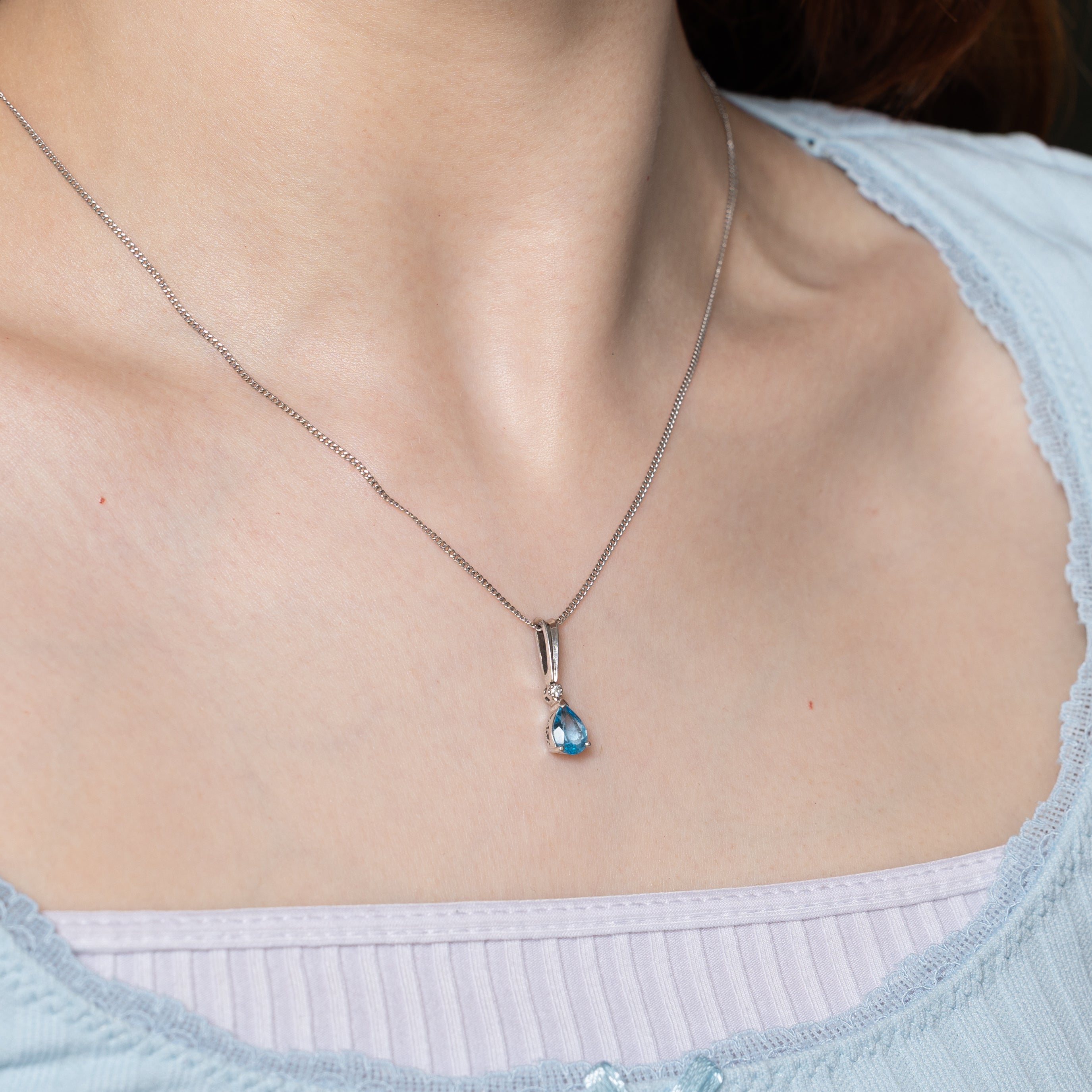 Pear Cut Blue Topaz & Diamond Pendant | 0.32ct, 0.02ct