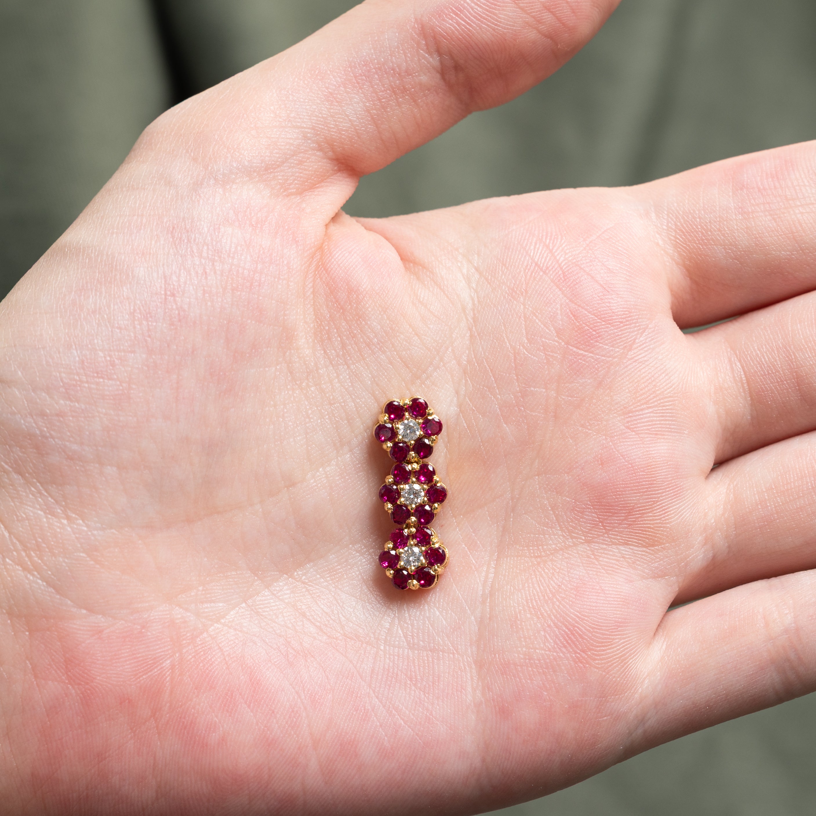 18k Synthetic Ruby & Natural Diamond Daisy Clusters Pendant | 1.20ctw, 0.15ctw