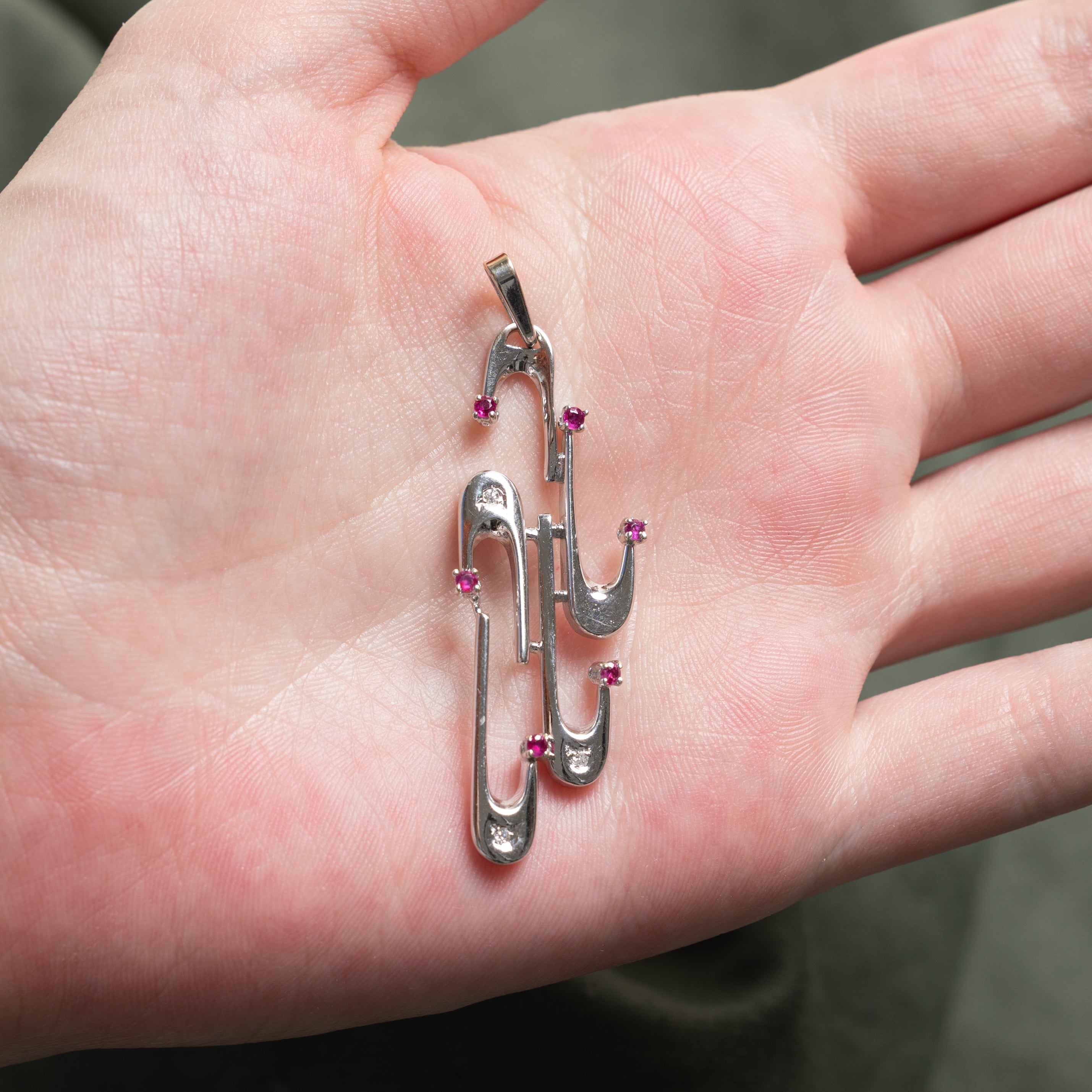 18k White Gold Ruby & Diamond Paperclip Pendant | 0.20ctw, 0.03ctw