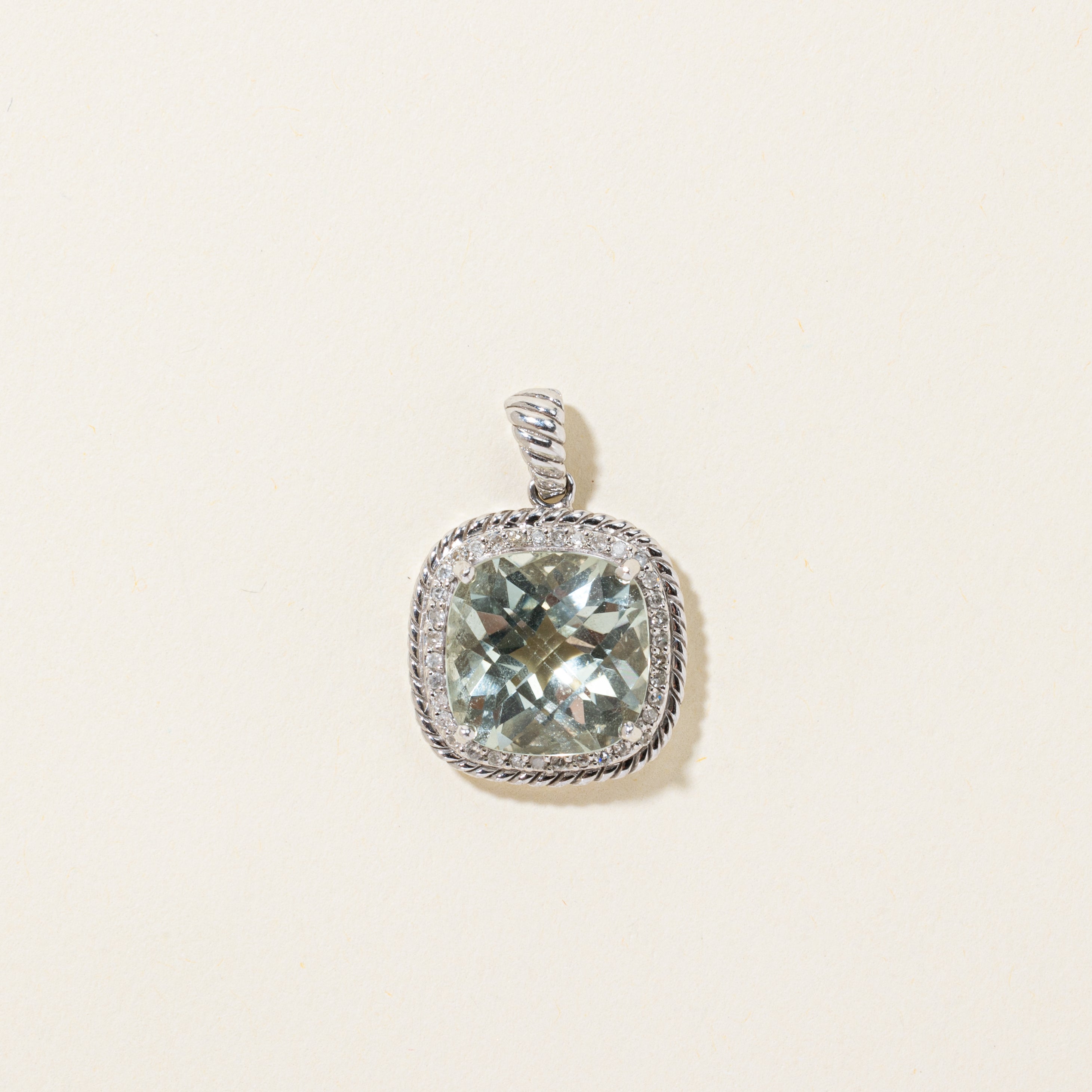 Cushion Cut Prasiolite & Diamond Halo Pendant | 8.00ct, 0.18ctw