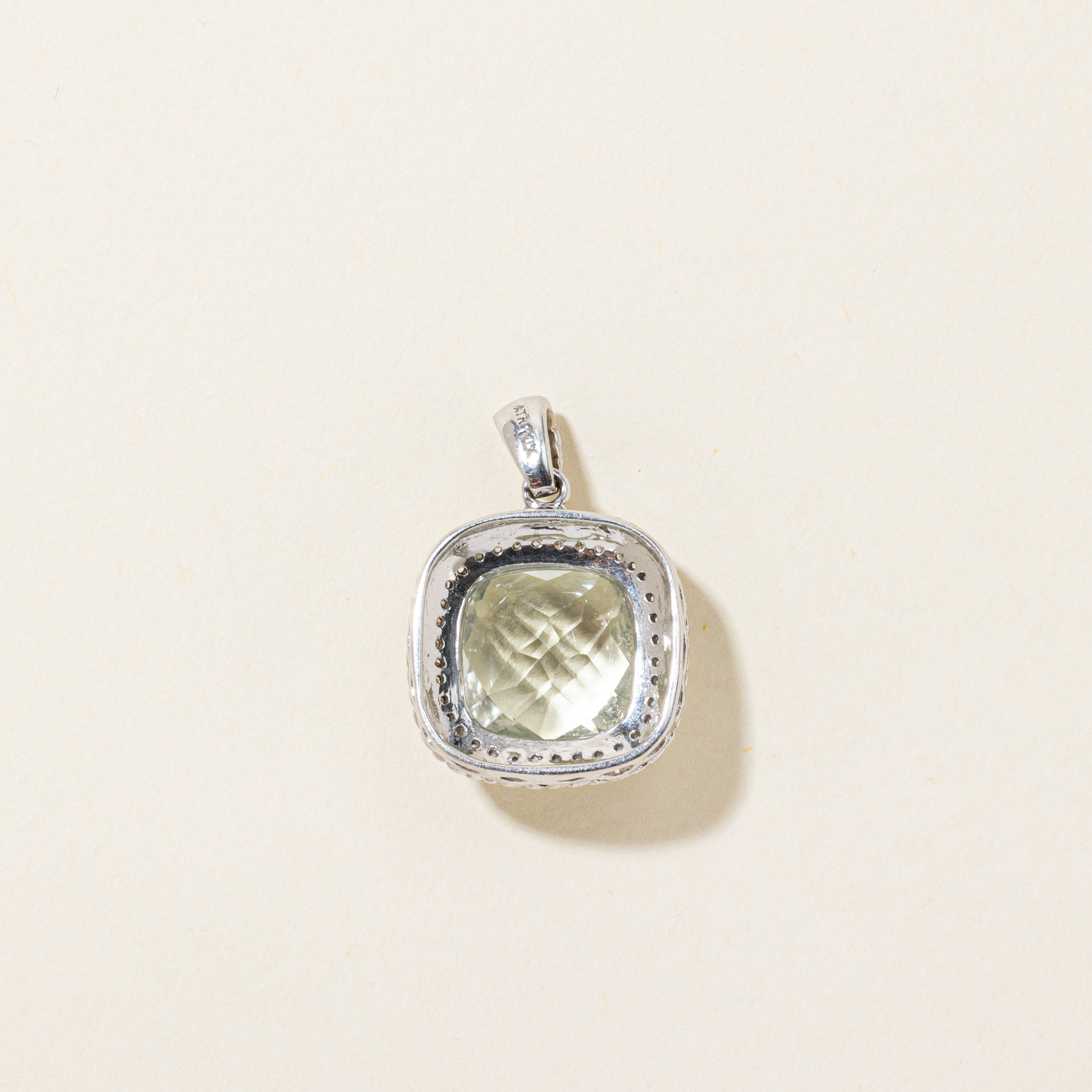 Cushion Cut Prasiolite & Diamond Halo Pendant | 8.00ct, 0.18ctw