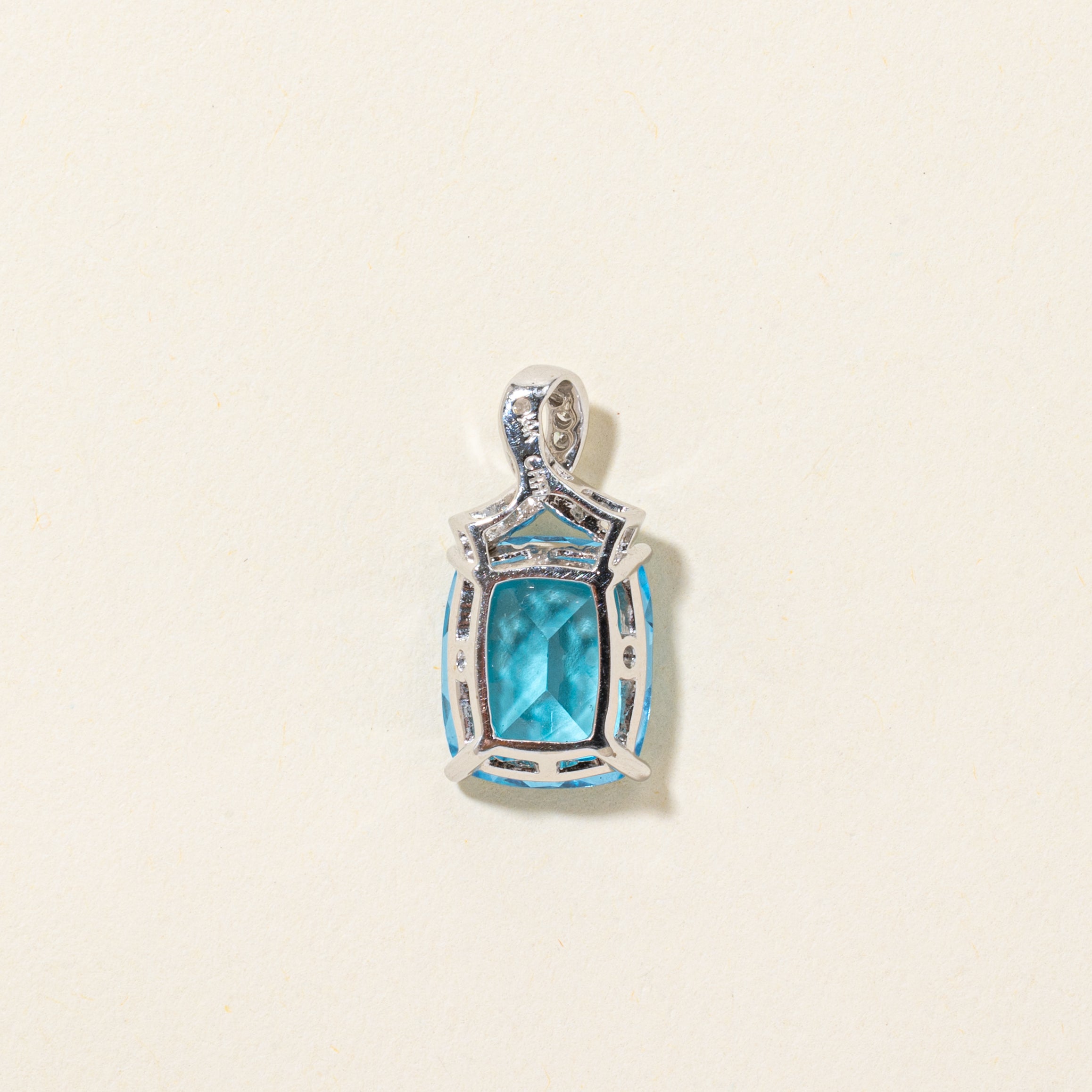 Cushion Cut Blue Topaz & Diamond Pendant | 8.50ct, 0.12ctw
