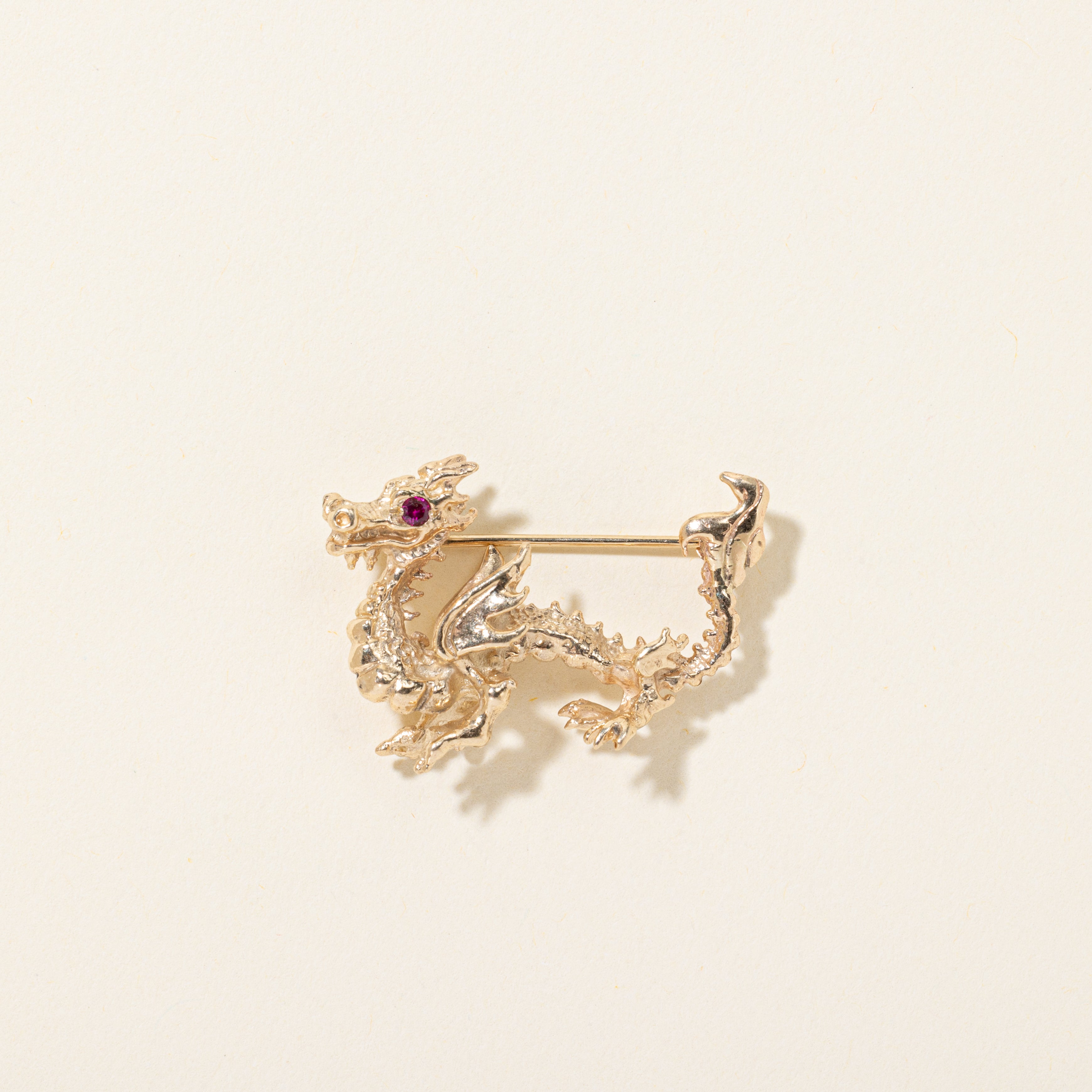 Synthetic Ruby Textured Loong Dragon Brooch | 0.08ctw