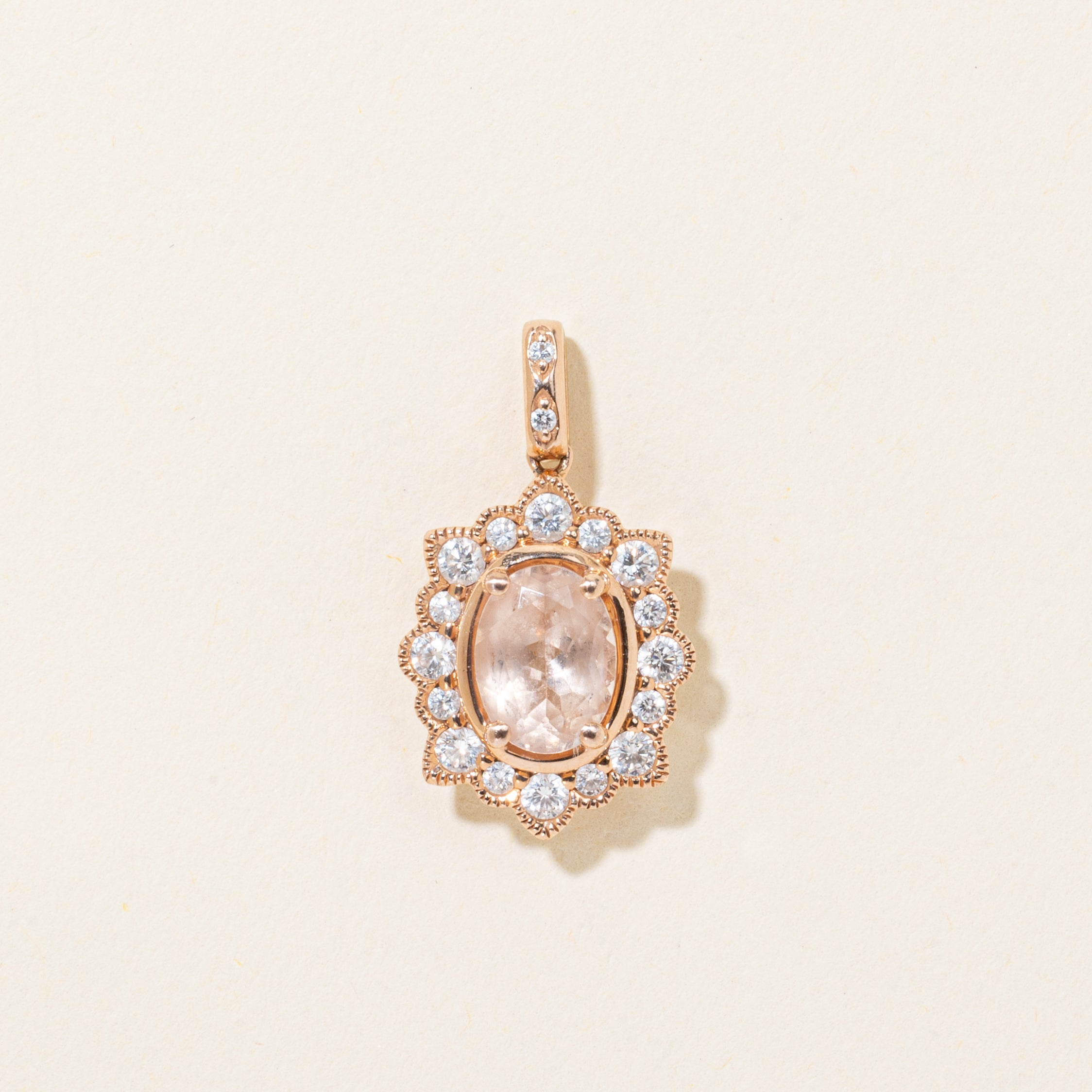 Morganite & Diamond Halo Milgrained Pendant | 0.70ct, 0.25ctw