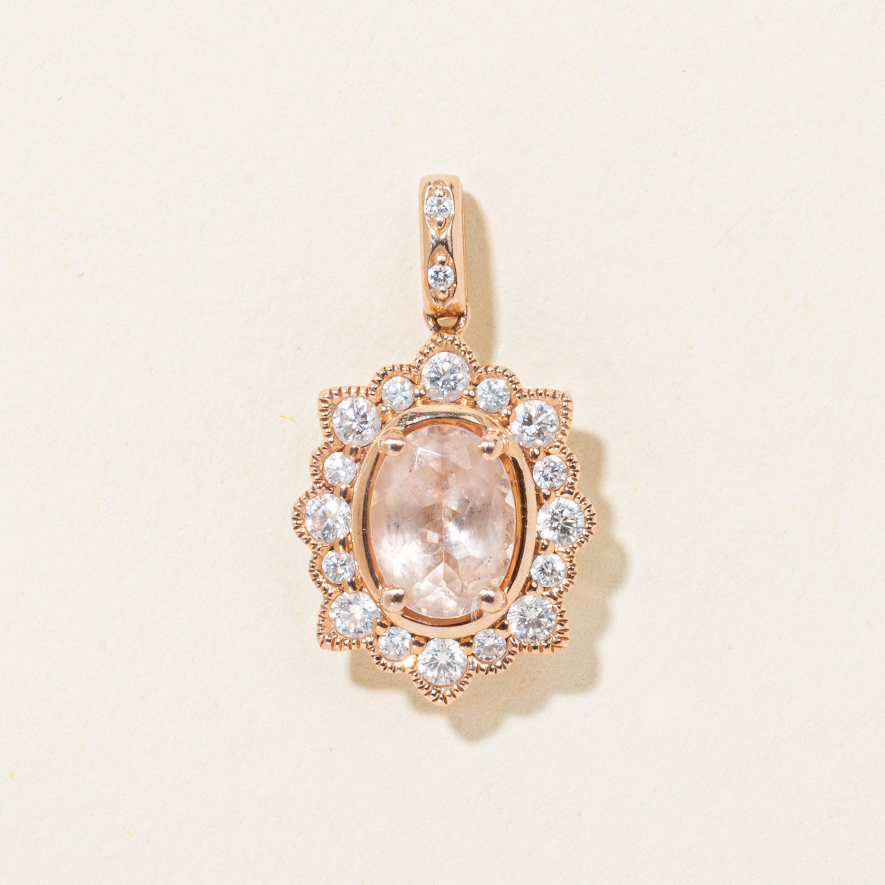 Morganite & Diamond Halo Milgrained Pendant | 0.70ct, 0.25ctw