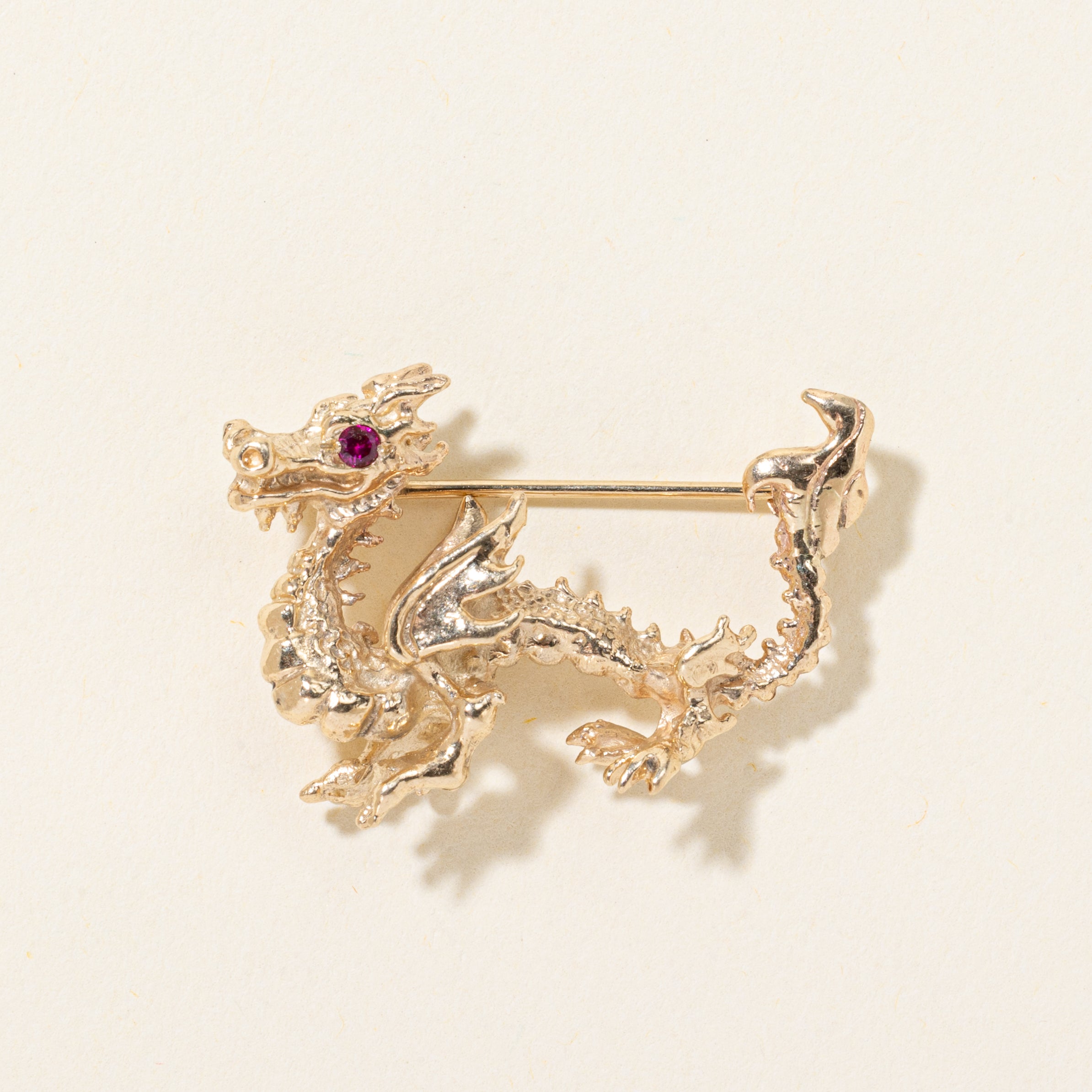 Synthetic Ruby Textured Loong Dragon Brooch | 0.08ctw