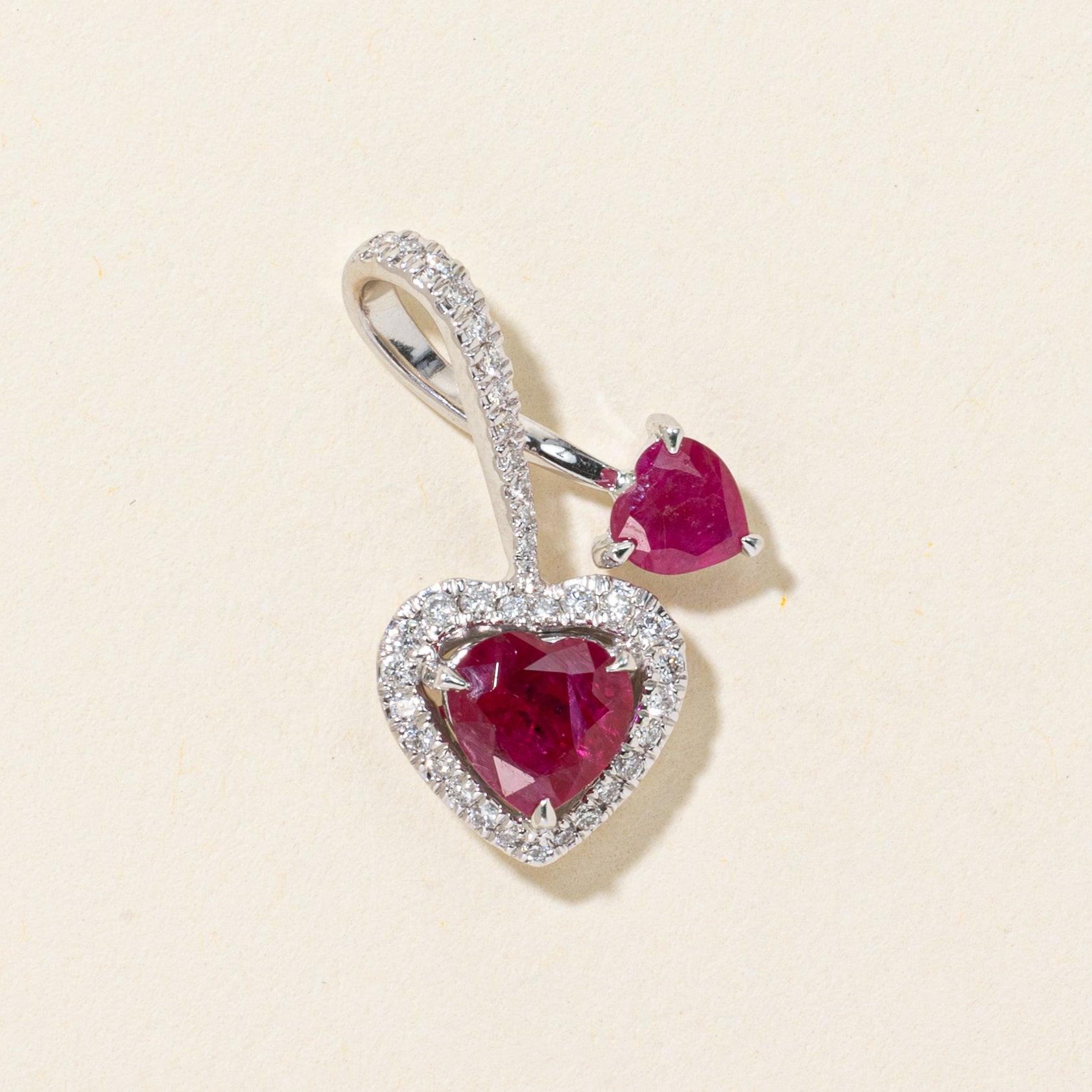 18k Heart Cut Ruby & Diamond Halo Pendant | 1.20ctw, 0.19ctw