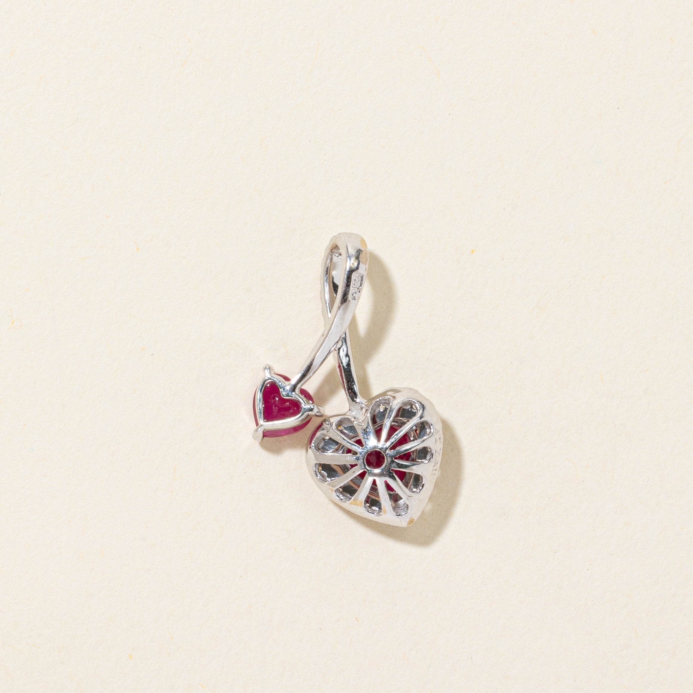 18k Heart Cut Ruby & Diamond Halo Pendant | 1.20ctw, 0.19ctw
