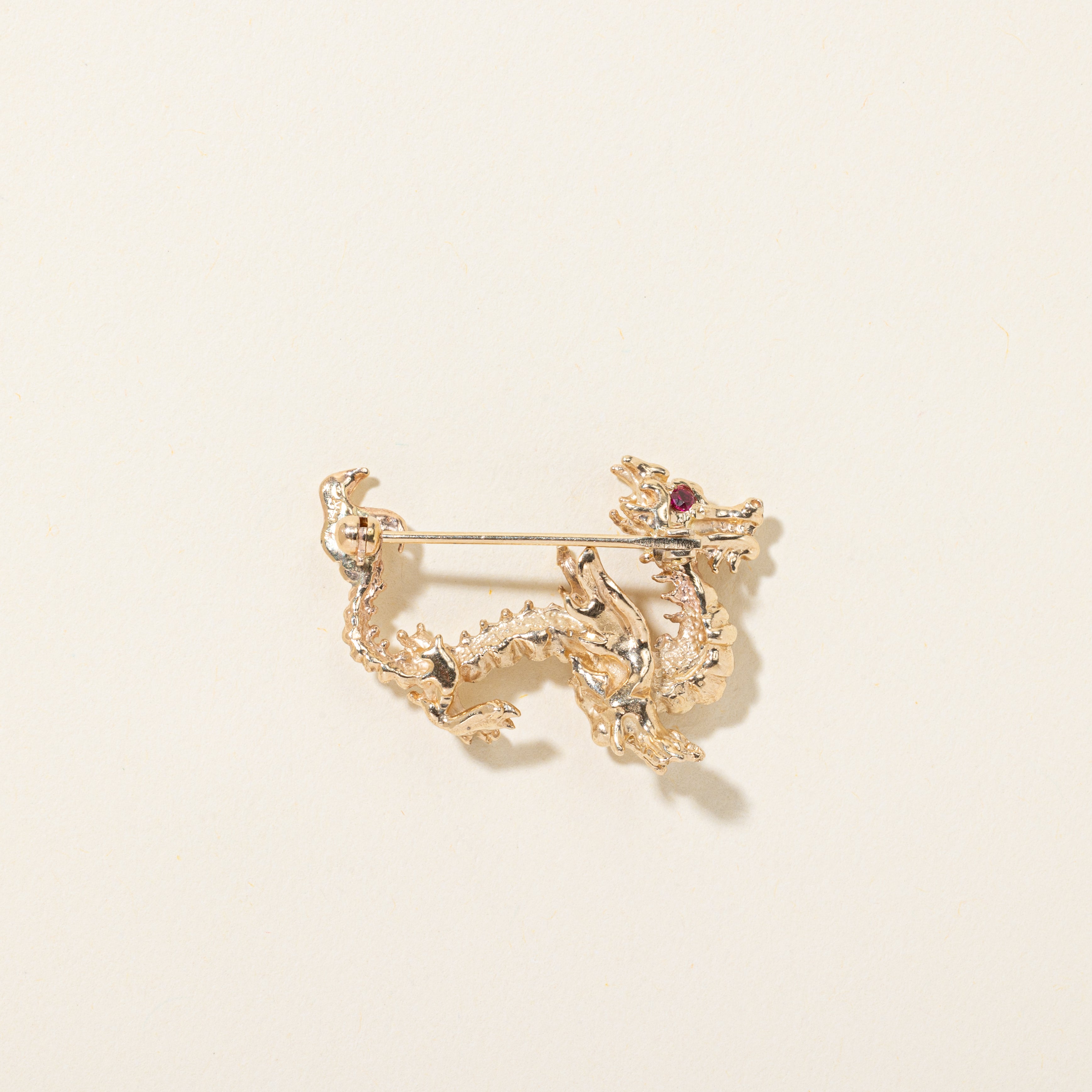 Synthetic Ruby Textured Loong Dragon Brooch | 0.08ctw