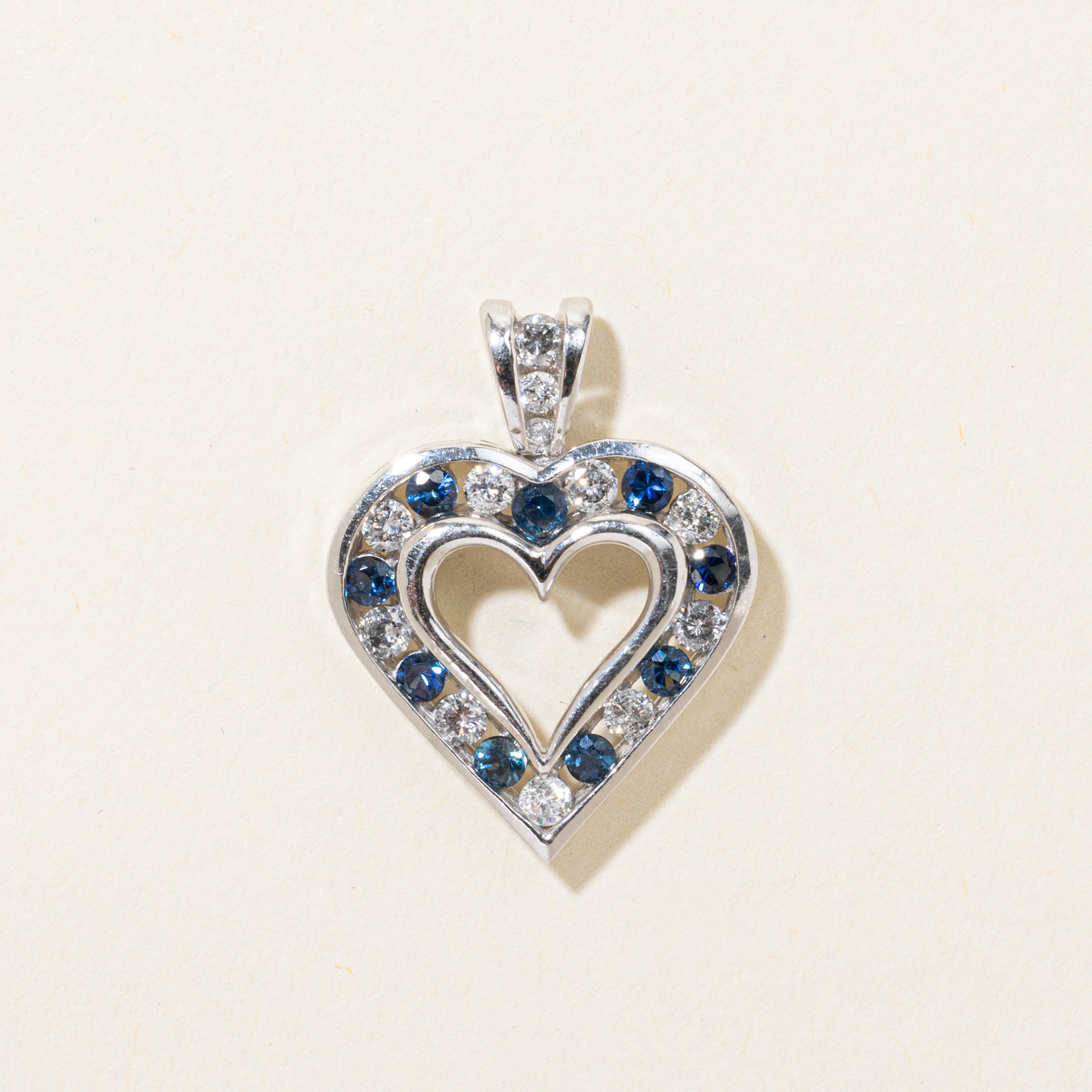 Channel Set Sapphire & Diamond Open Heart Pendant | 0.30ctw, 0.32ctw