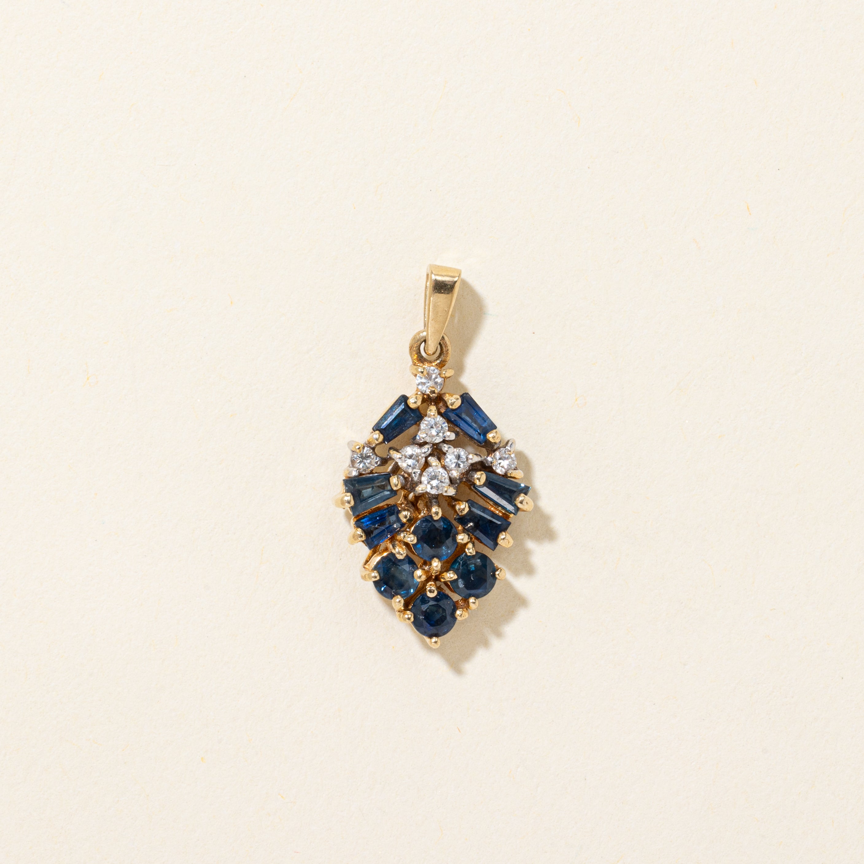Baguette Cut Sapphire & Diamond Pear Cluster Pendant | 0.70ctw, 0.14ctw