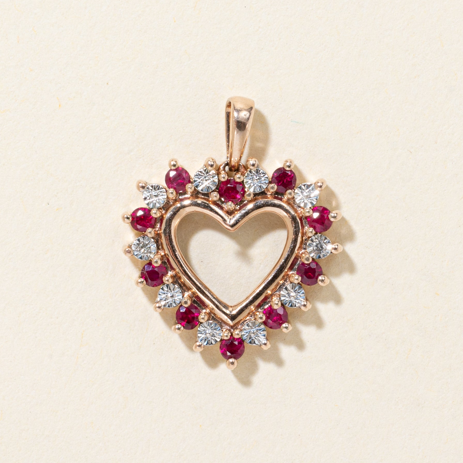 Rose Gold Ruby & Diamond Open Heart Pendant | 0.25ctw, 0.01ctw