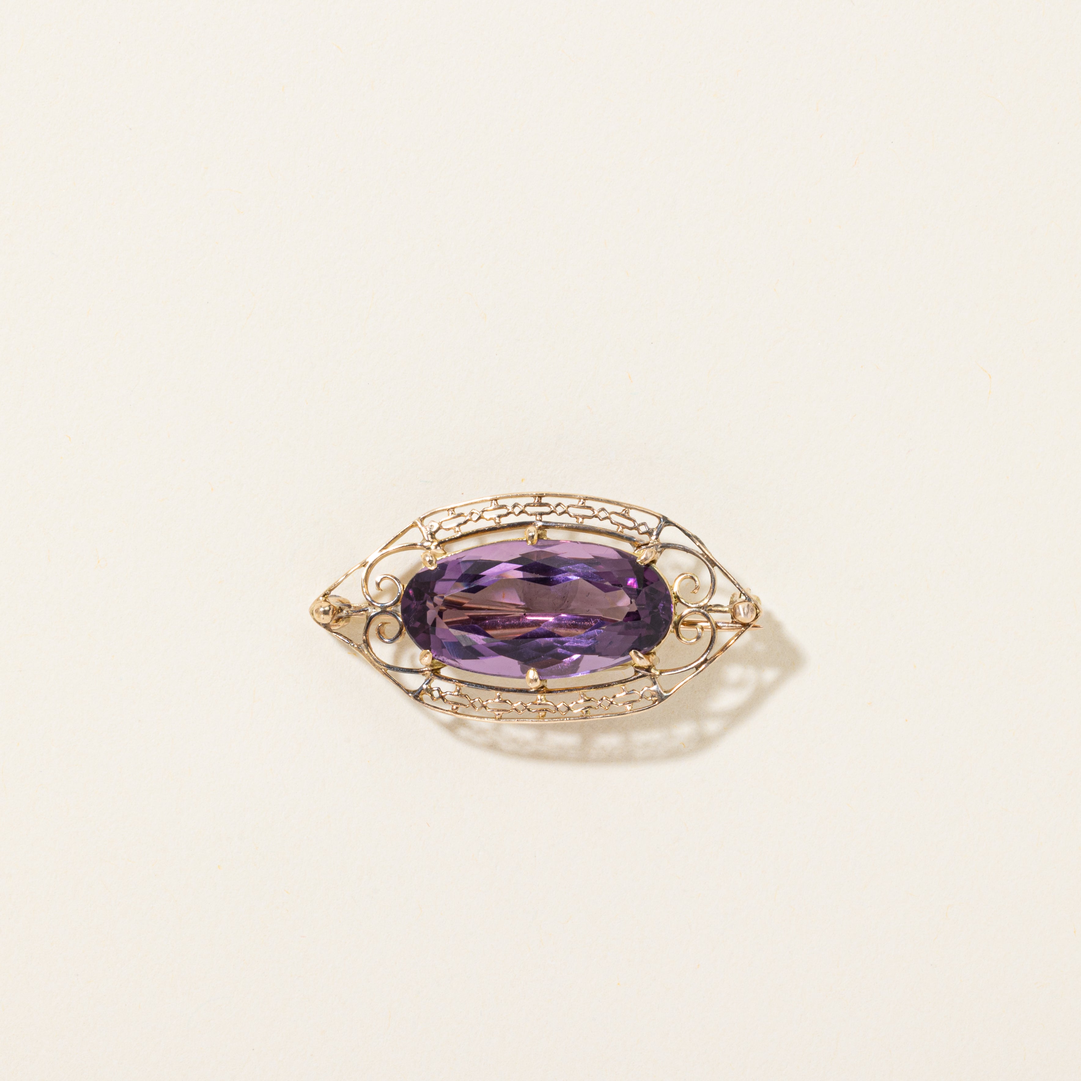 Amethyst Scrollwork Marquise Shaped Brooch | 10.00ct