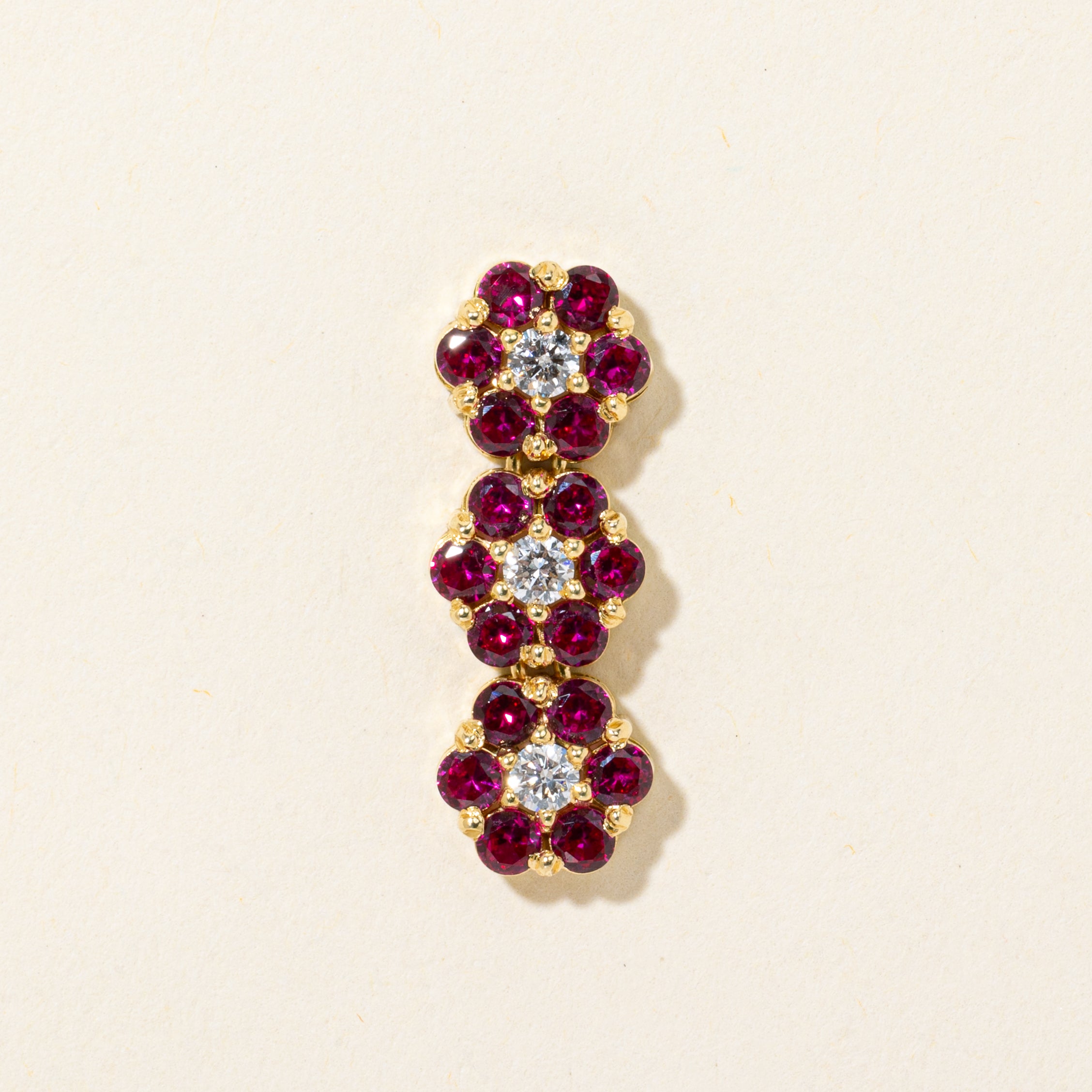 18k Synthetic Ruby & Natural Diamond Daisy Clusters Pendant | 1.20ctw, 0.15ctw