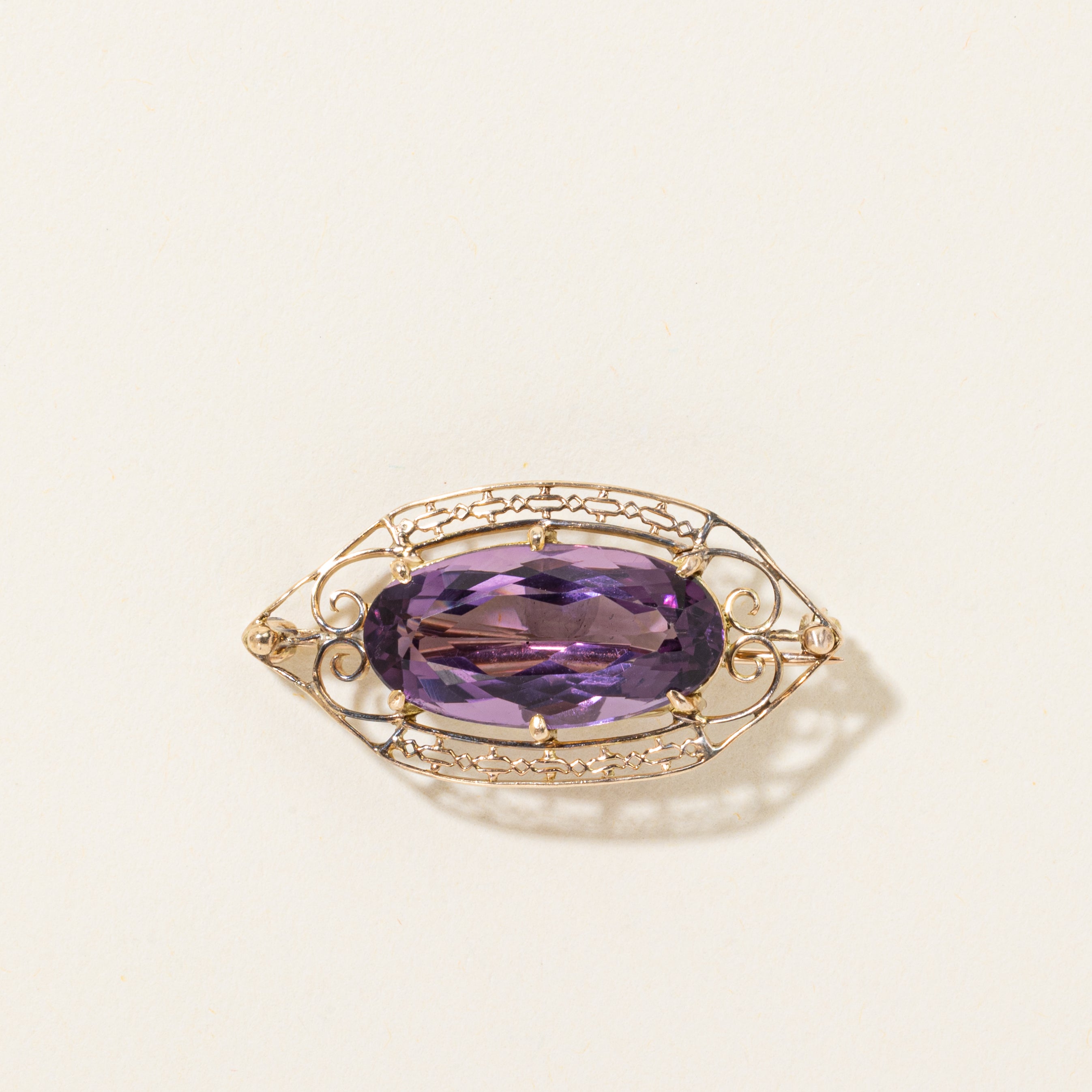 Amethyst Scrollwork Marquise Shaped Brooch | 10.00ct