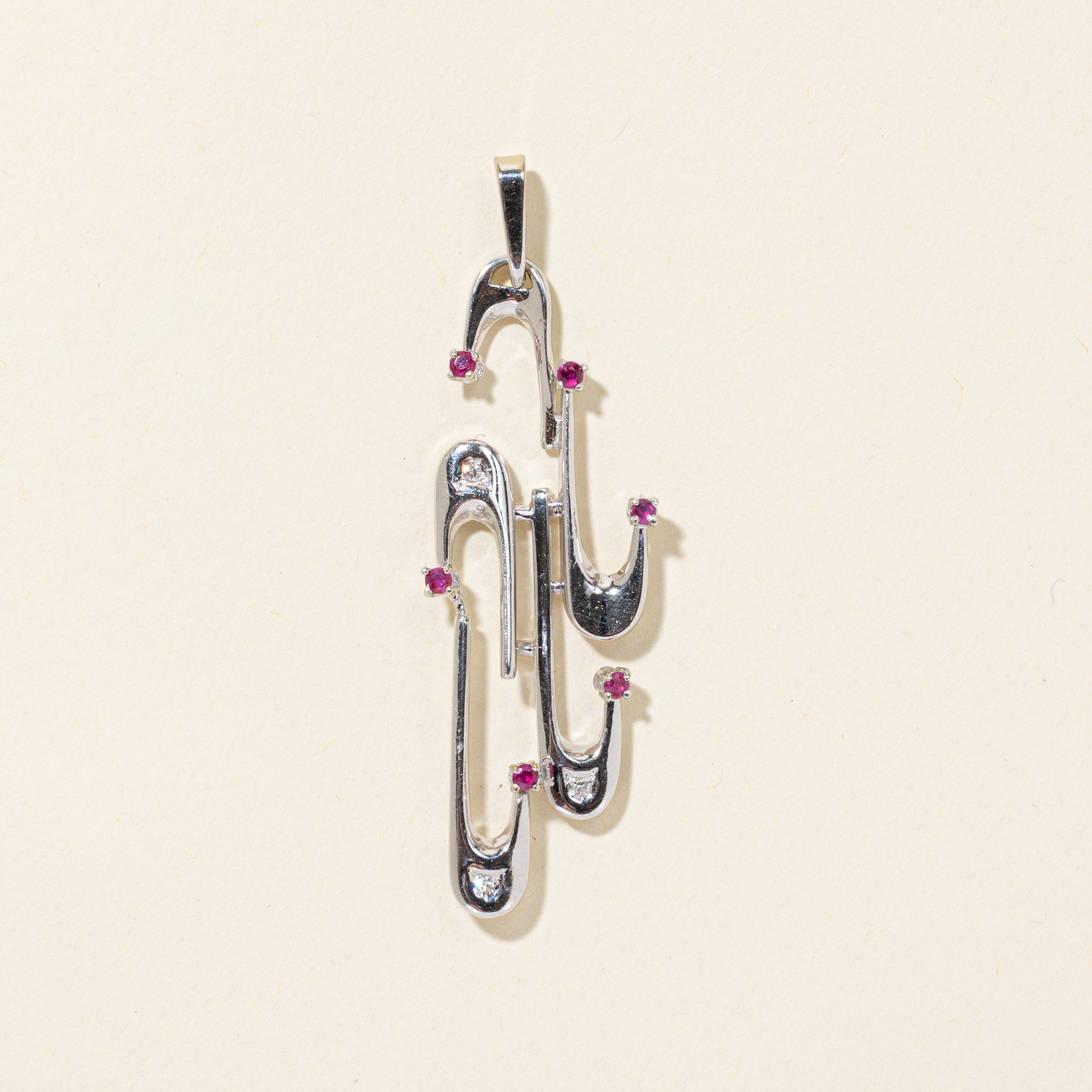 18k White Gold Ruby & Diamond Paperclip Pendant | 0.20ctw, 0.03ctw