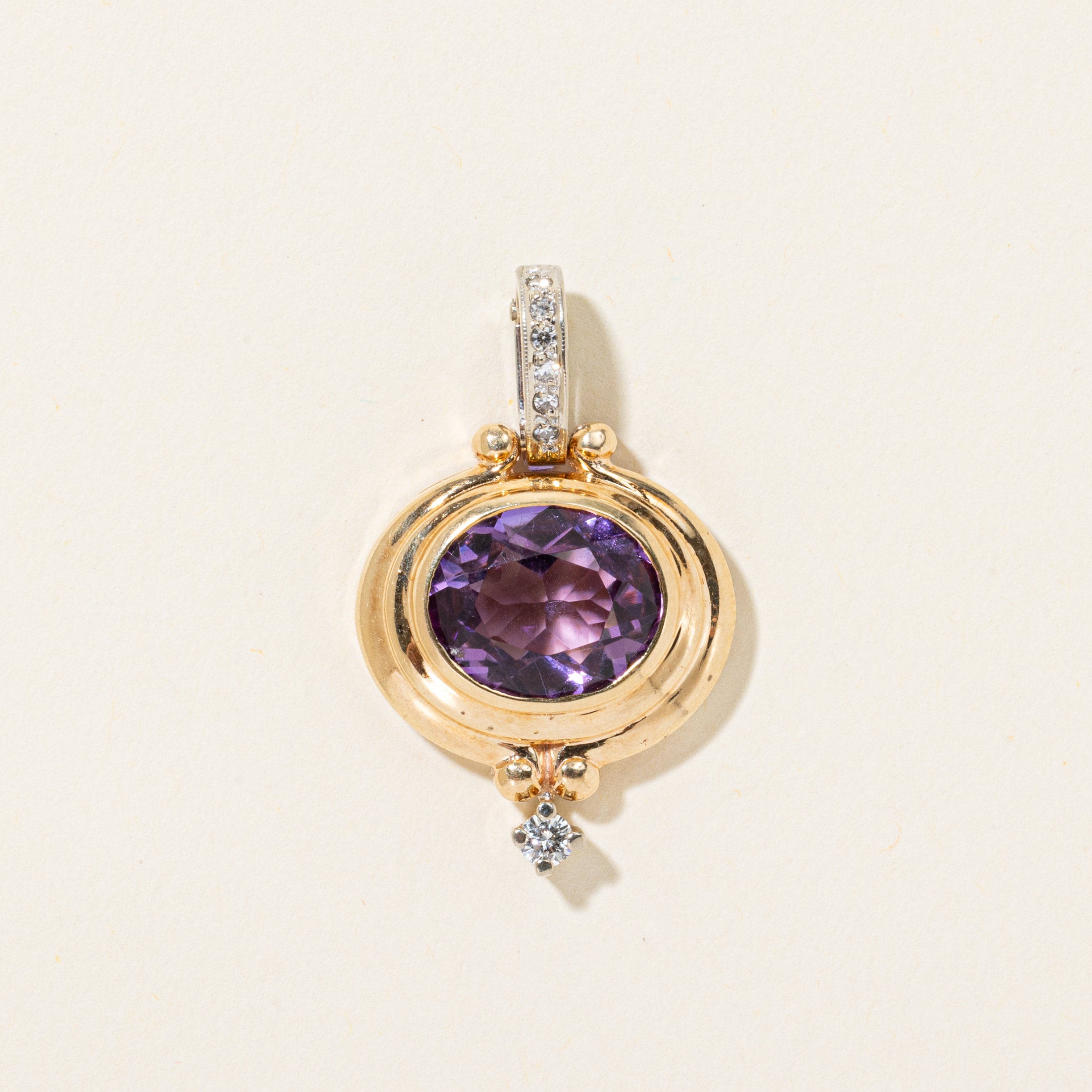 Bezel Set Amethyst & Diamond Grooved Brooch | 4.66ct, 0.14ctw