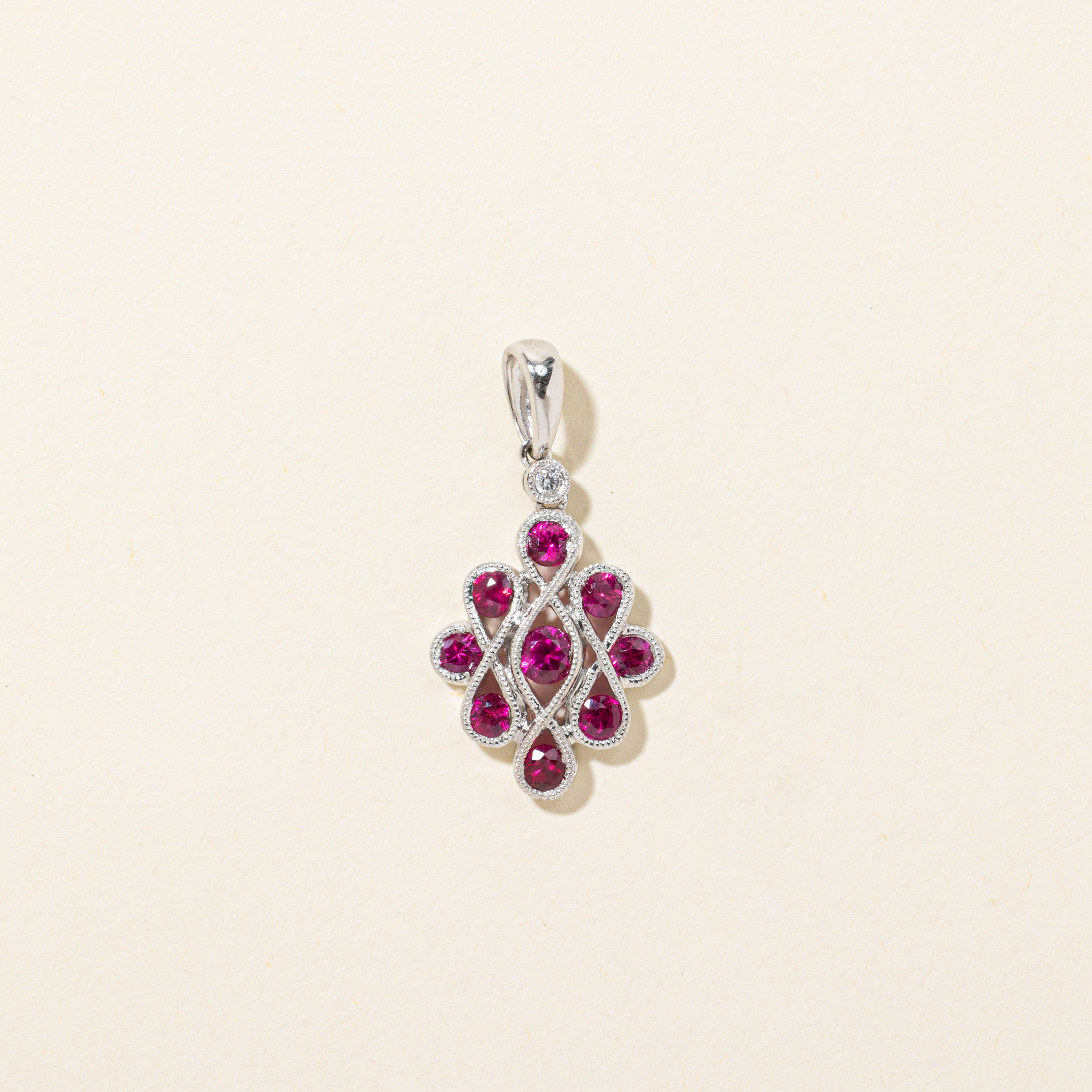 Synthetic Ruby & Diamond Milgrained & Woven Pendant | 0.60ctw, 0.02ct