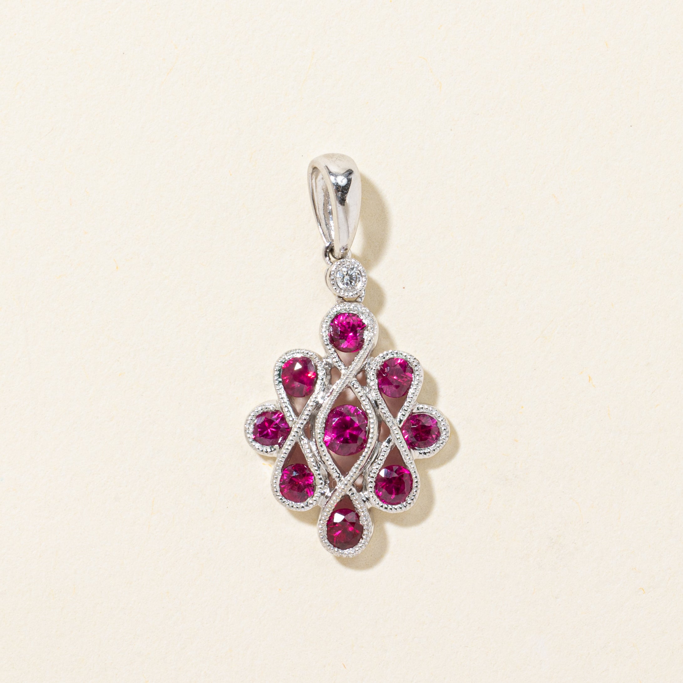 Synthetic Ruby & Diamond Milgrained & Woven Pendant | 0.60ctw, 0.02ct