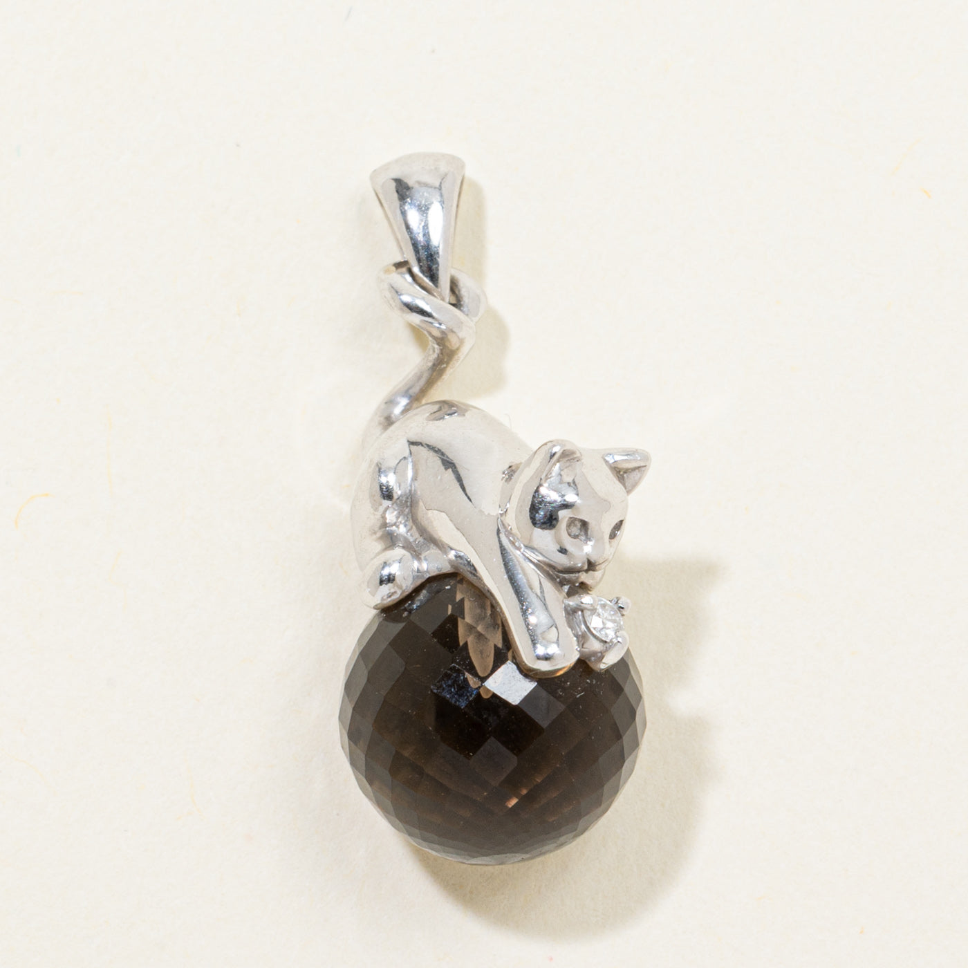 Smoky Quartz & Diamond Cat with Yarn Pendant | 9.59ct, 0.04ctw