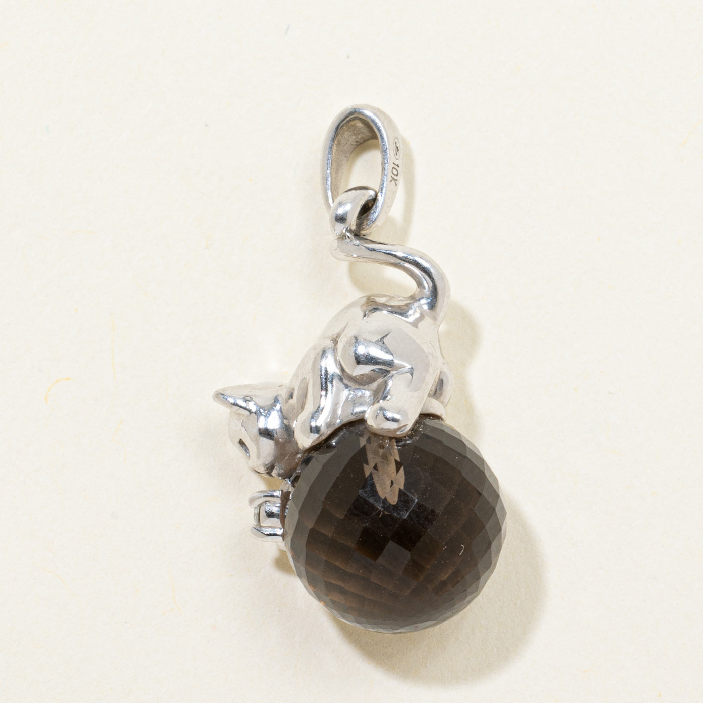Smoky Quartz & Diamond Cat with Yarn Pendant | 9.59ct, 0.04ctw