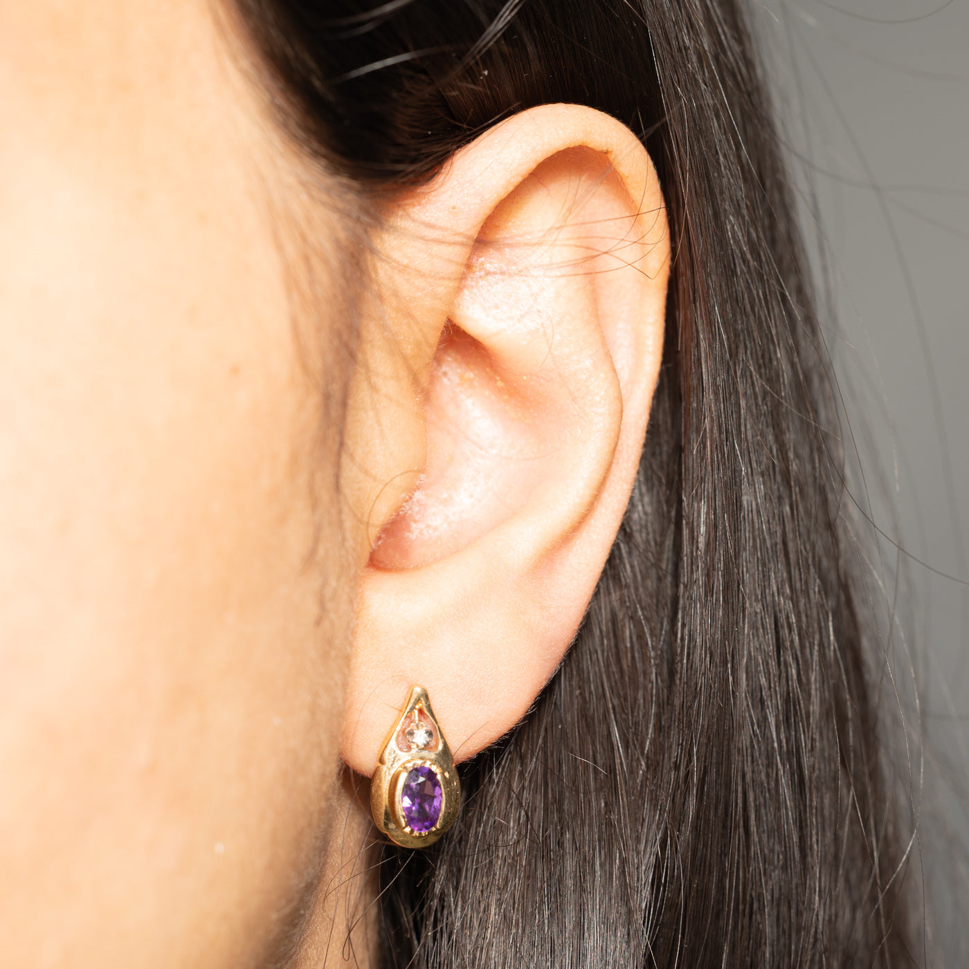 14k Amethyst & Diamond Pear Shaped Stud Earrings | 0.60ctw, 0.02ctw