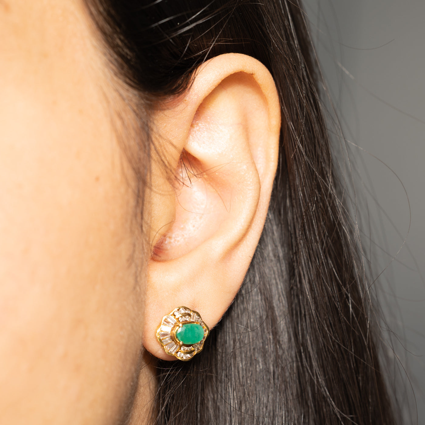 Emerald & Diamond Cluster Stud Earrings | 0.84ctw, 0.46ctw