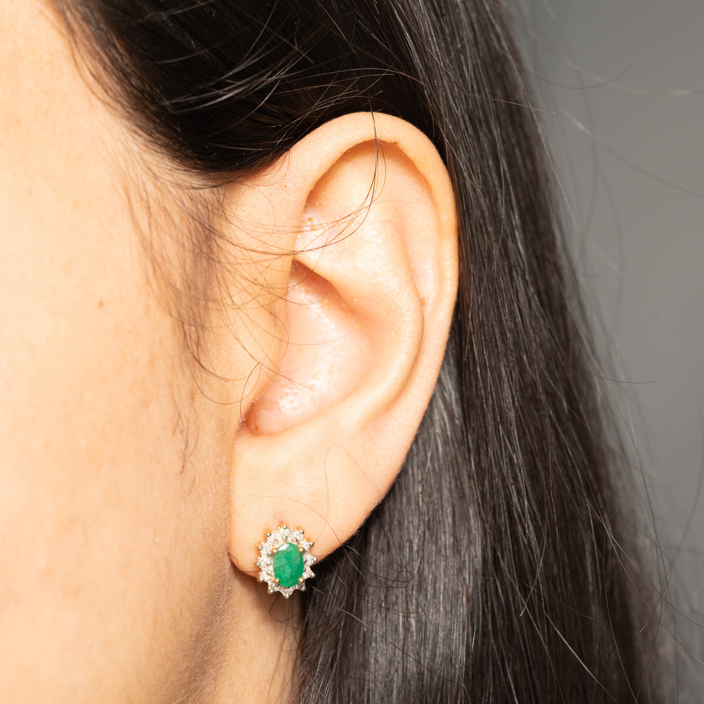 10k Emerald & Diamond Petal Stud Earrings | 0.80ctw, 0.10ctw