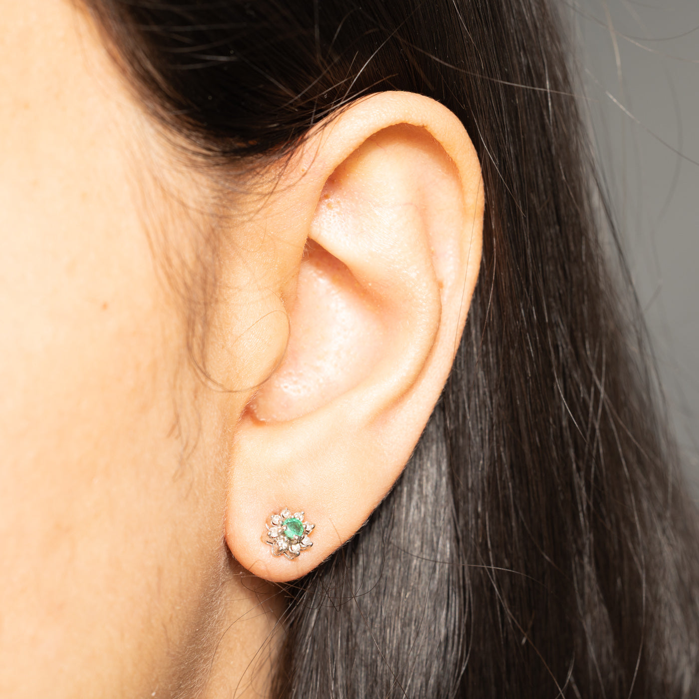 Emerald & Diamond Petal Stud Earrings | 0.08ctw, 0.08ctw