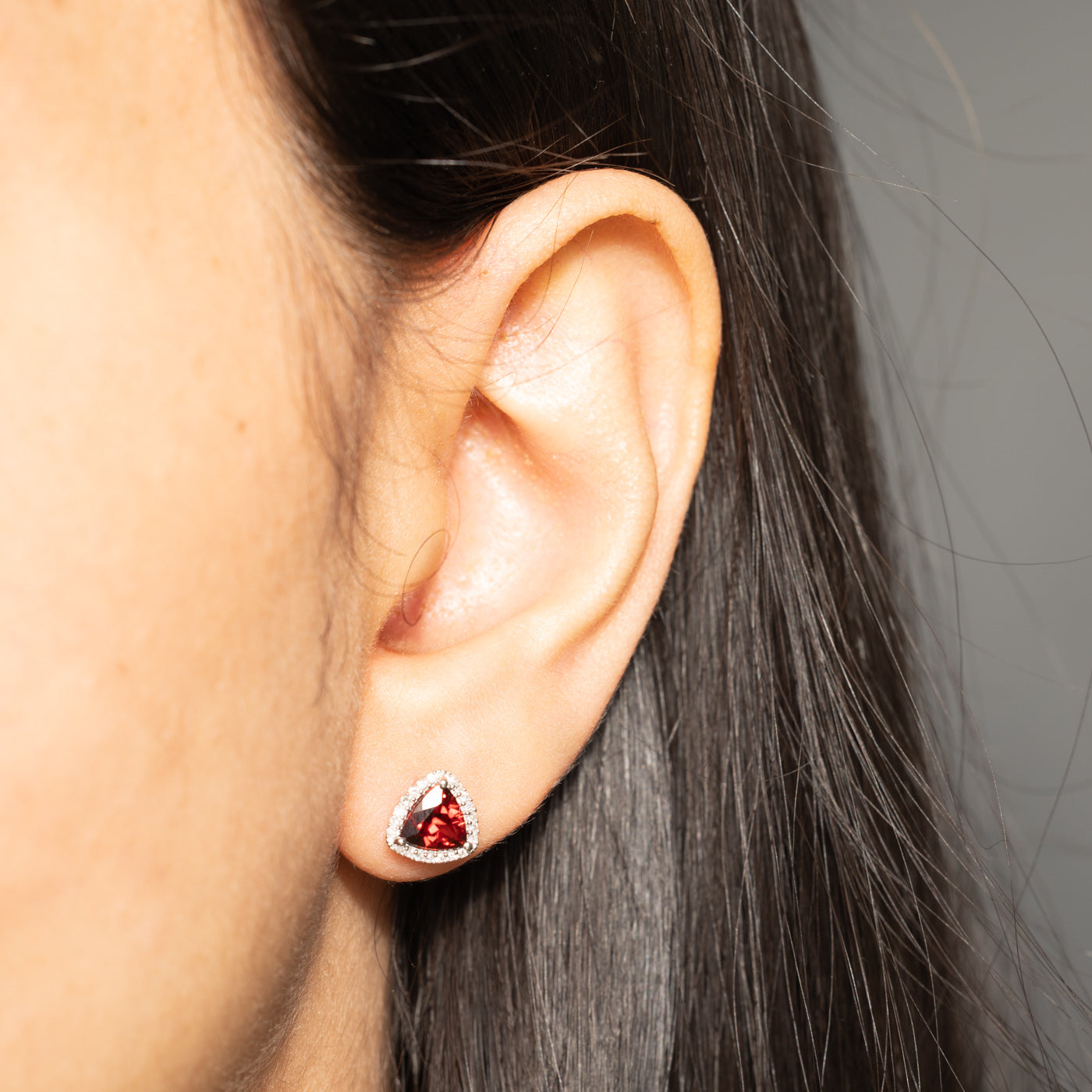 Trillion Cut Garnet & Diamond Halo Stud Earrings | 1.10ctw, 0.05ctw