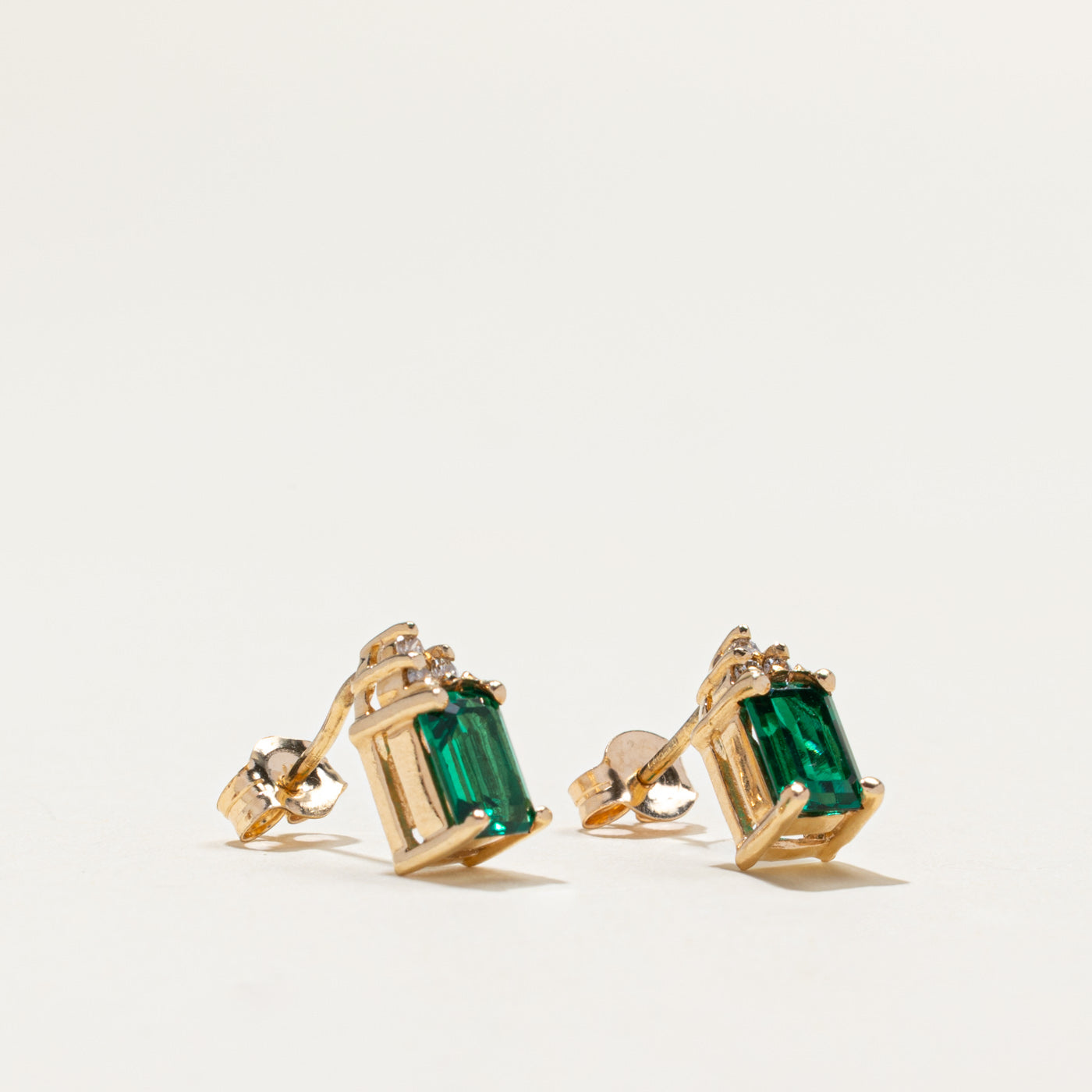 14k Synthetic Emerald & Natural Diamond Stud Earrings | 1.00ctw, 0.03ctw