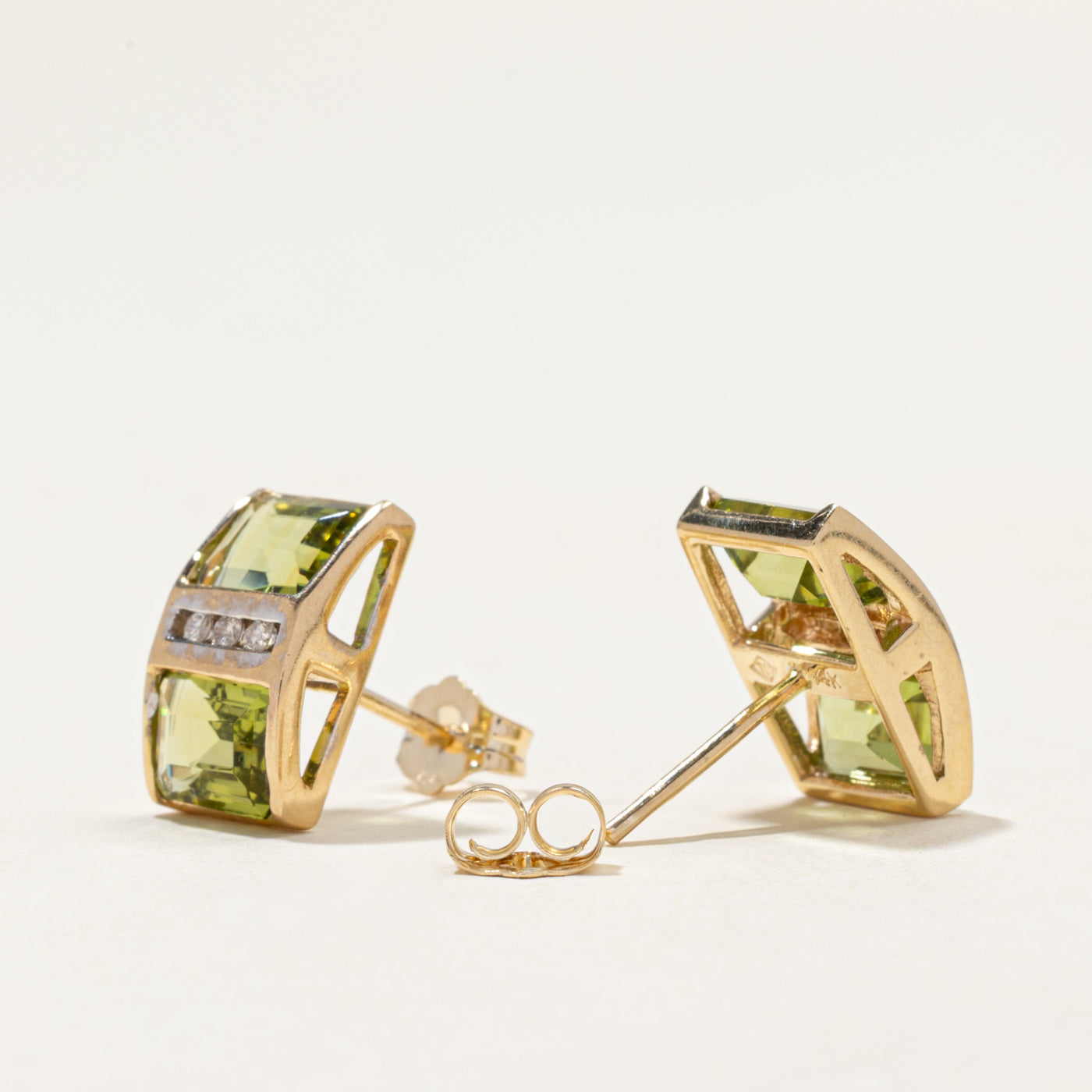 14k Green Glass & Diamond Stud Earrings | 5.00ctw, 0.06ctw