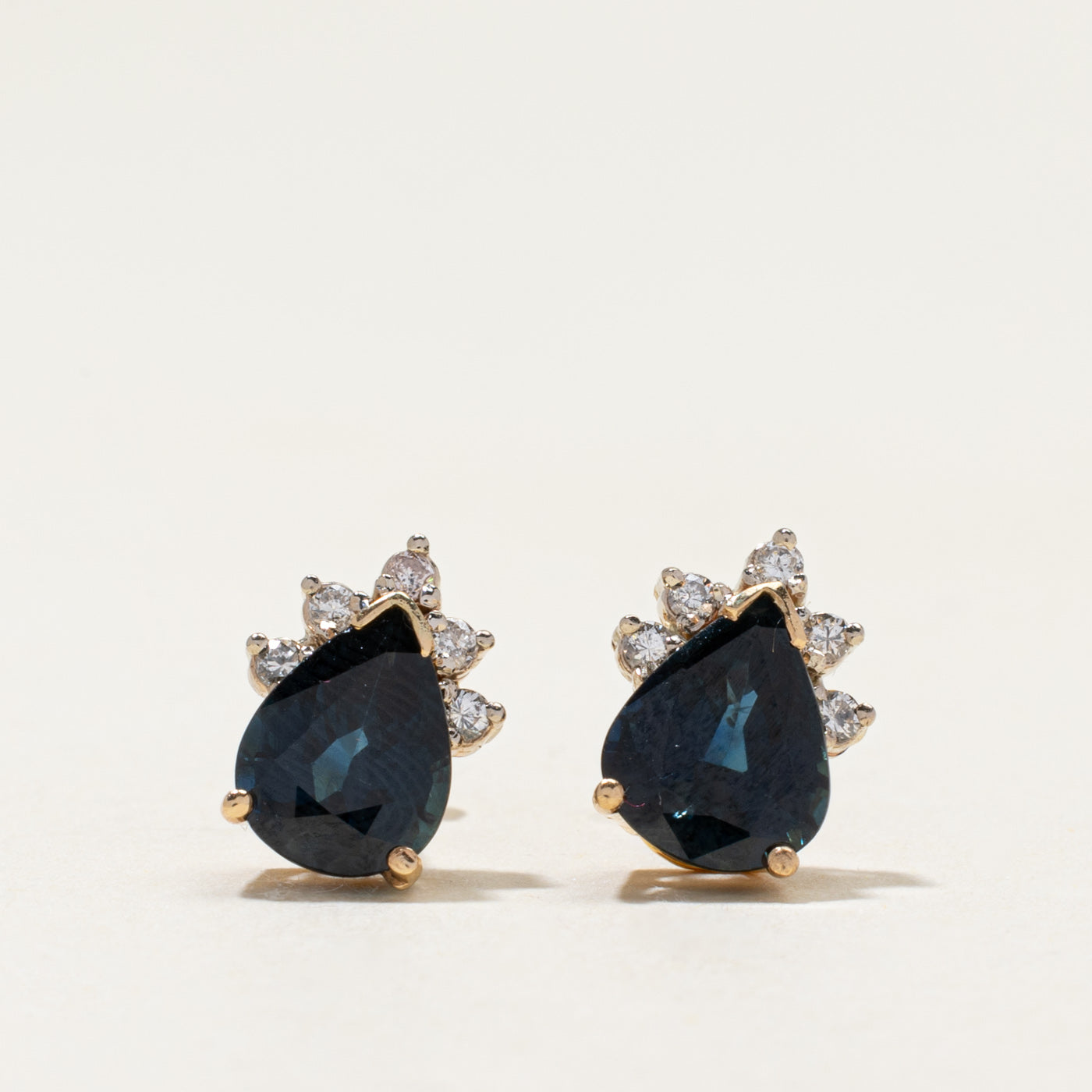 14k Pear Cut Sapphire & Diamond Stud Earrings | 4.60ctw, 0.17ctw