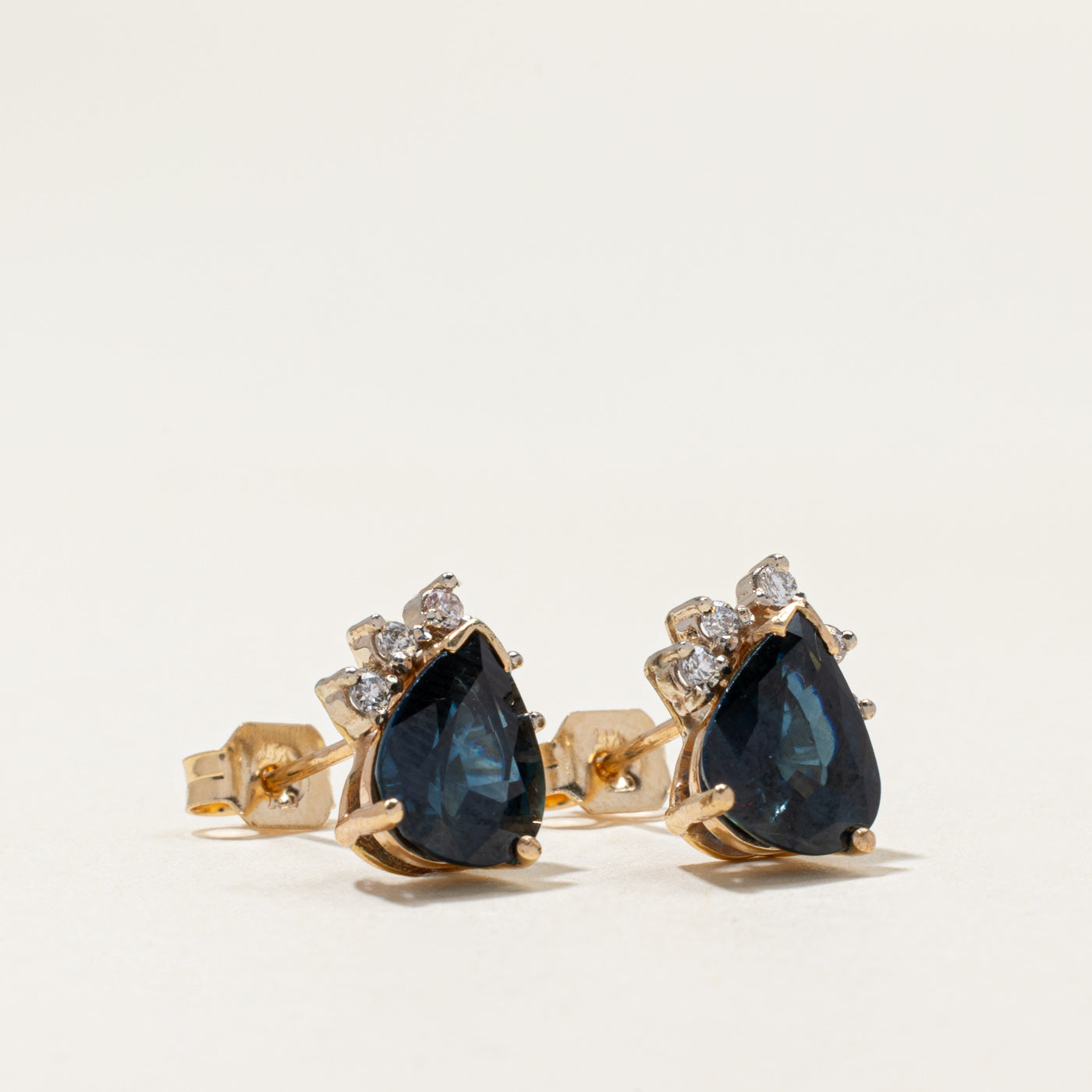 14k Pear Cut Sapphire & Diamond Stud Earrings | 4.60ctw, 0.17ctw