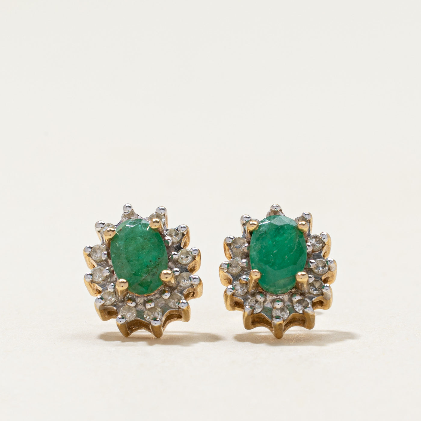 10k Emerald & Diamond Petal Stud Earrings | 0.80ctw, 0.10ctw
