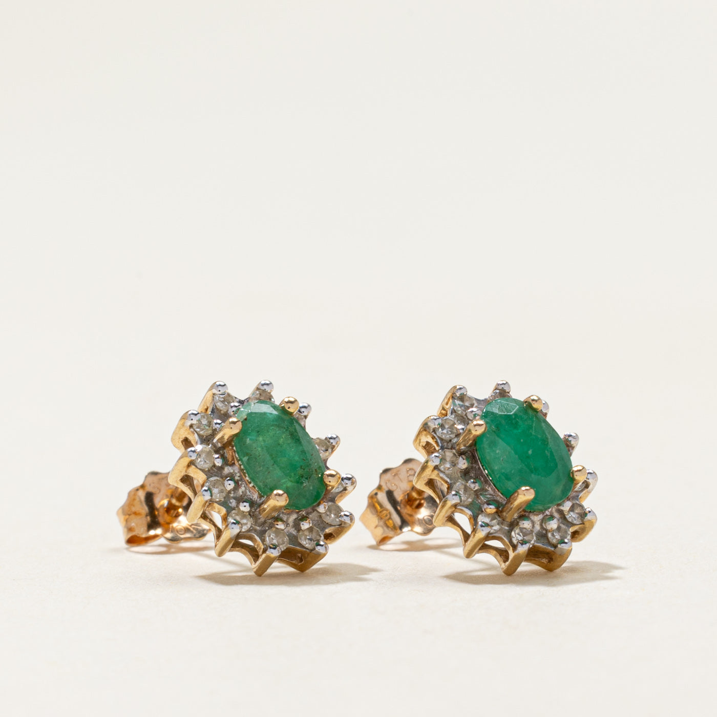 10k Emerald & Diamond Petal Stud Earrings | 0.80ctw, 0.10ctw