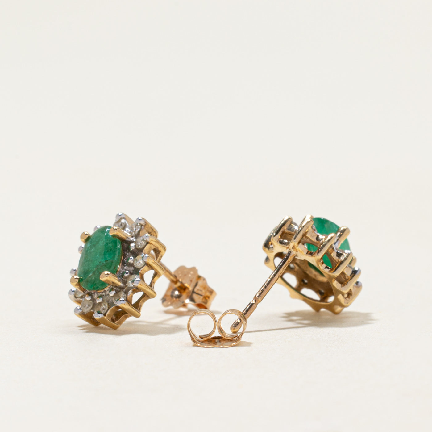 10k Emerald & Diamond Petal Stud Earrings | 0.80ctw, 0.10ctw