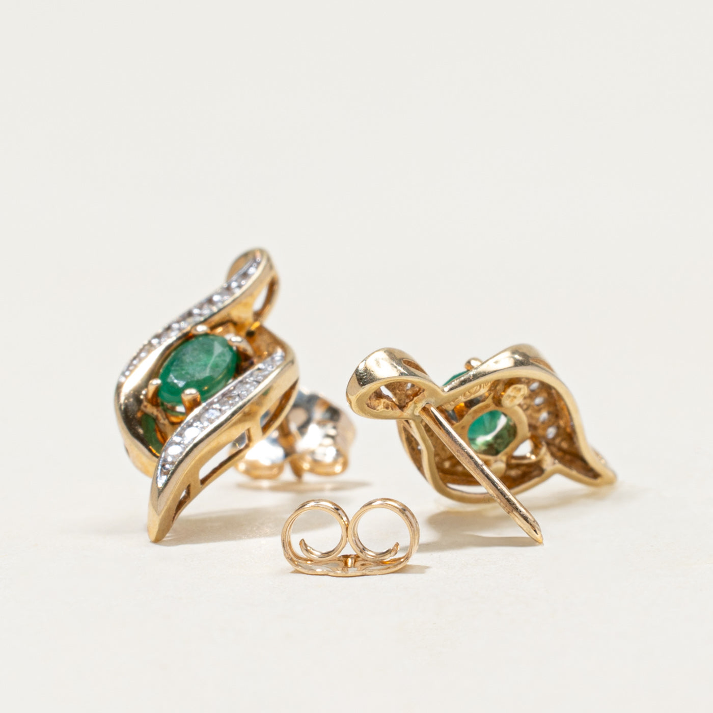 10k Emerald & Diamond Waterfall Stud Earrings | 0.32ctw, 0.10ctw