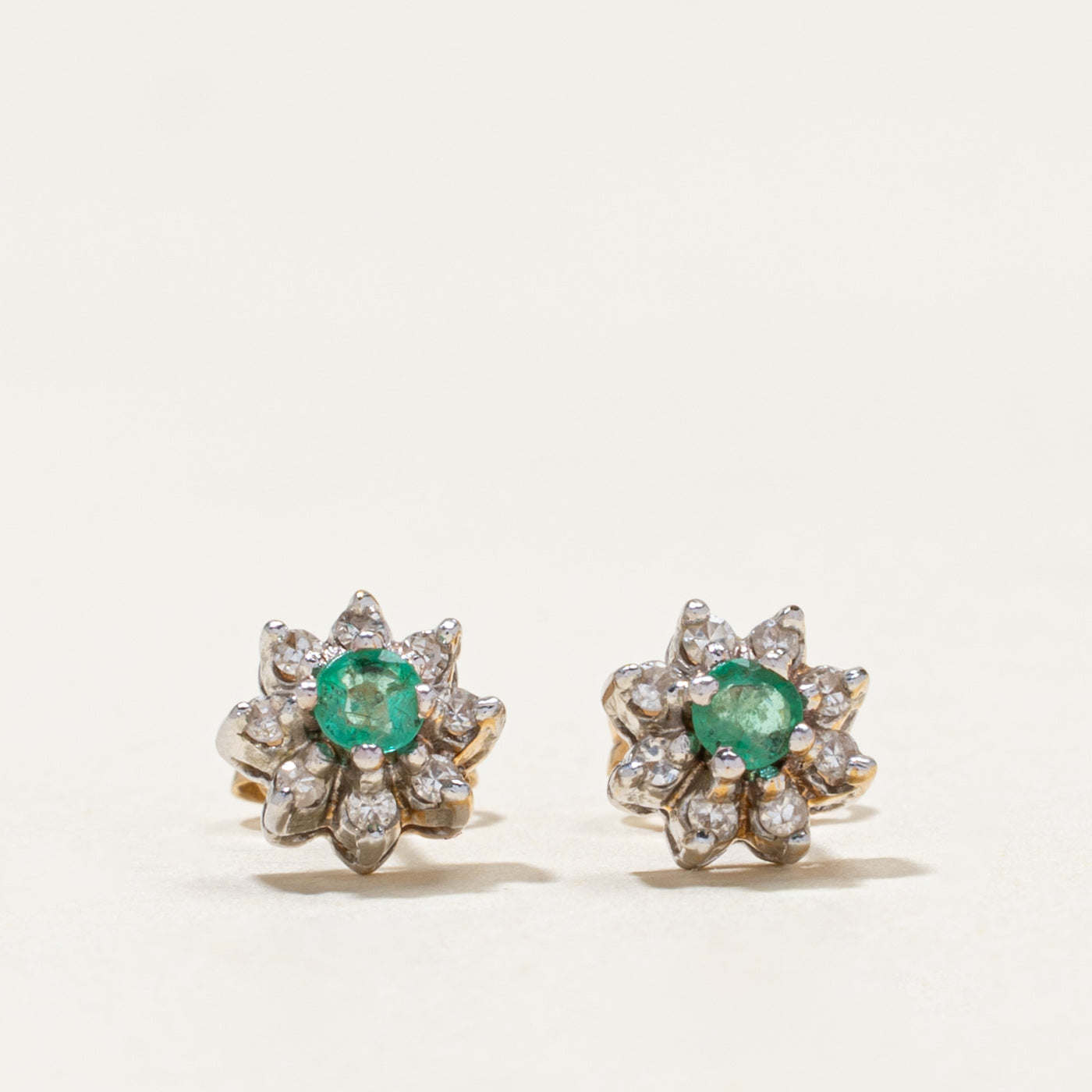 Emerald & Diamond Petal Stud Earrings | 0.08ctw, 0.08ctw