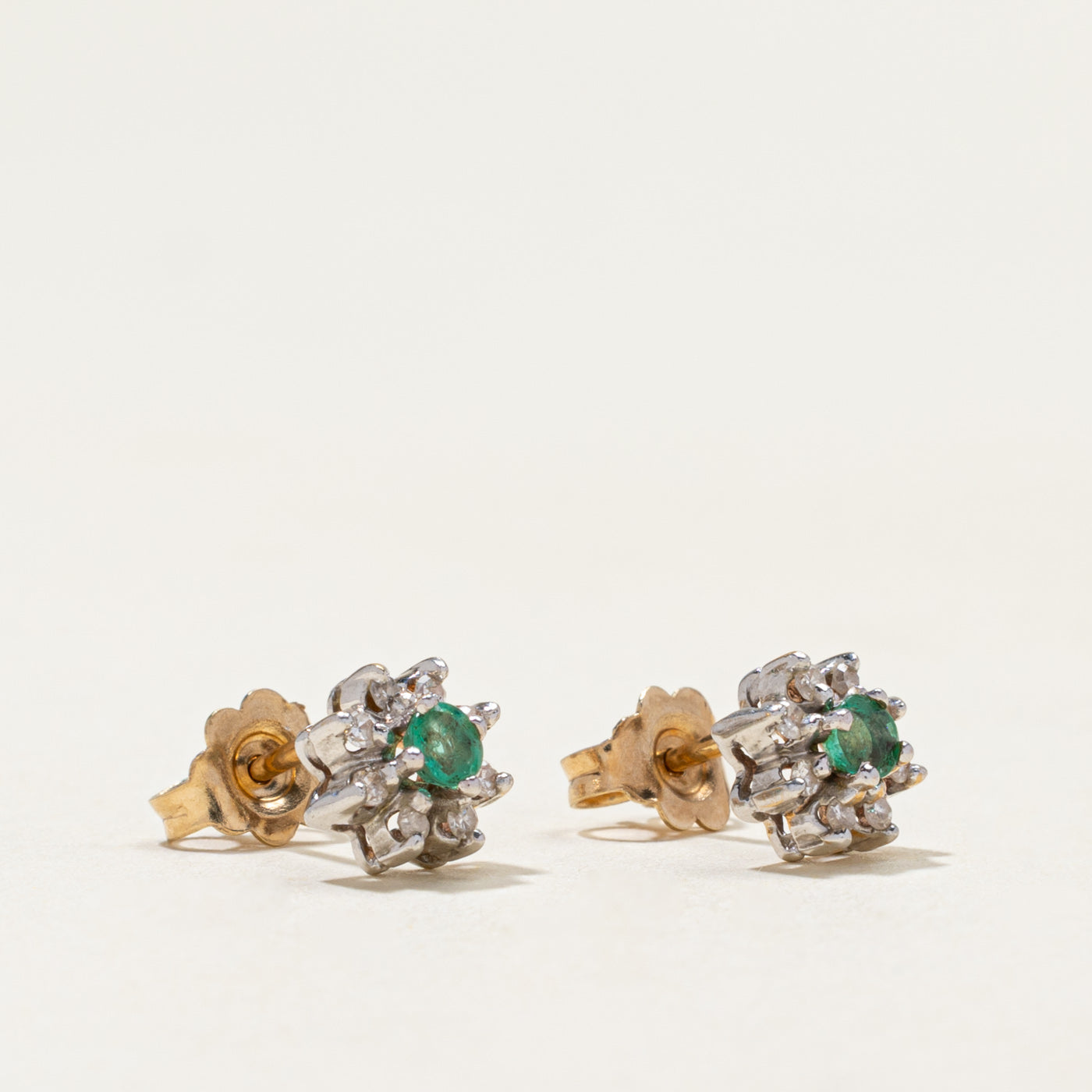 Emerald & Diamond Petal Stud Earrings | 0.08ctw, 0.08ctw