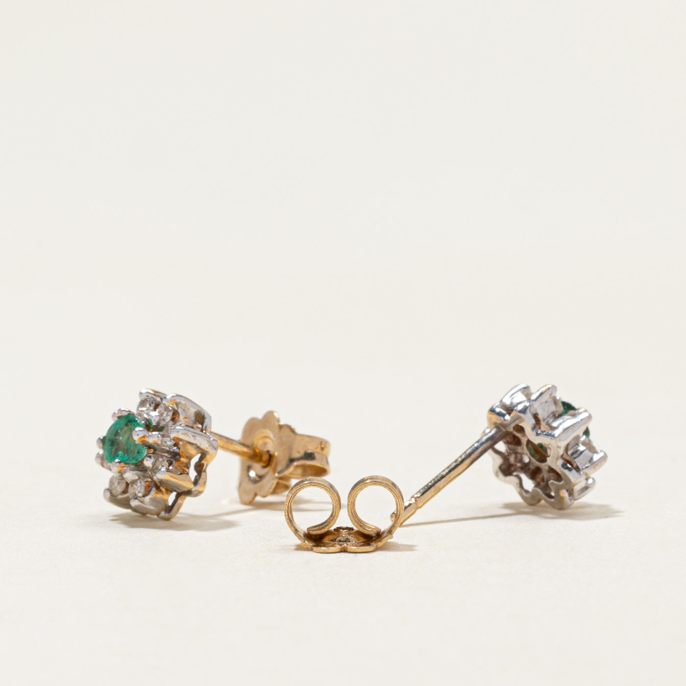 Emerald & Diamond Petal Stud Earrings | 0.08ctw, 0.08ctw
